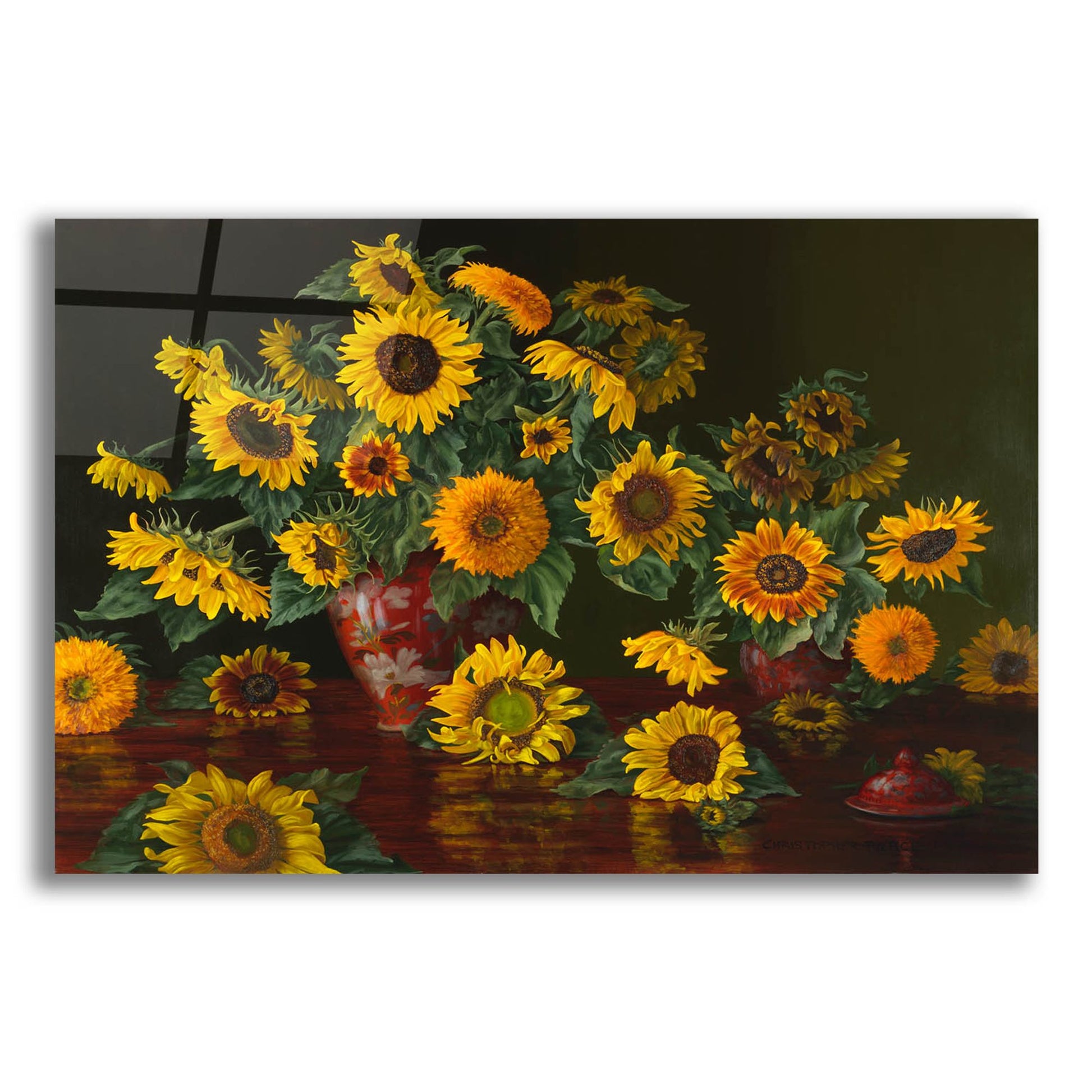 Epic Art 'Sunflowers With Two Crimson Vases' by Christopher Pierce, Acrylic Glass Wall Art,16x12