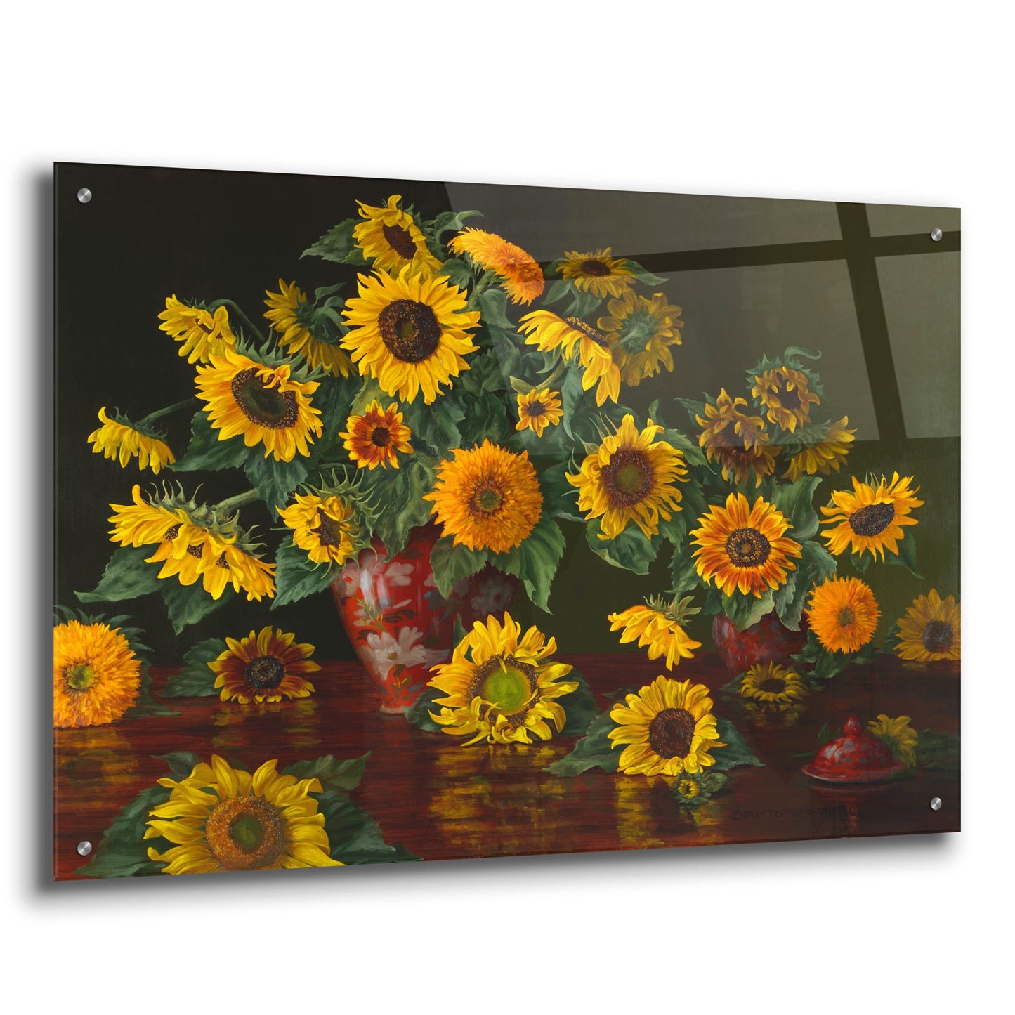 Epic Art 'Sunflowers With Two Crimson Vases' by Christopher Pierce, Acrylic Glass Wall Art,36x24