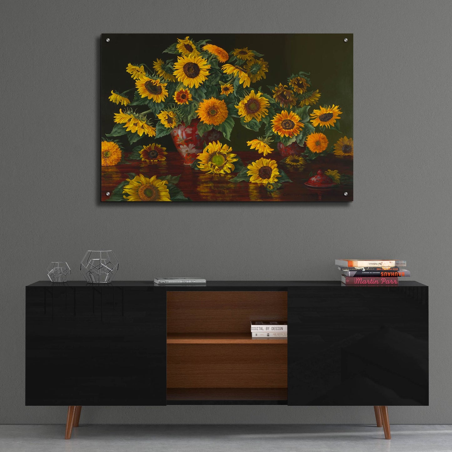 Epic Art 'Sunflowers With Two Crimson Vases' by Christopher Pierce, Acrylic Glass Wall Art,36x24