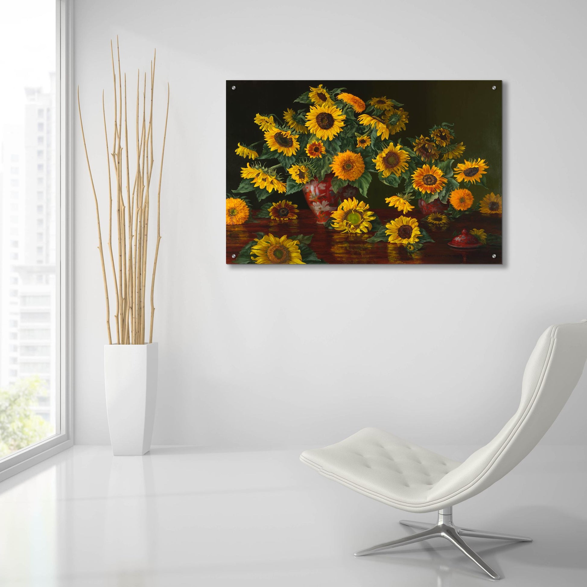 Epic Art 'Sunflowers With Two Crimson Vases' by Christopher Pierce, Acrylic Glass Wall Art,36x24