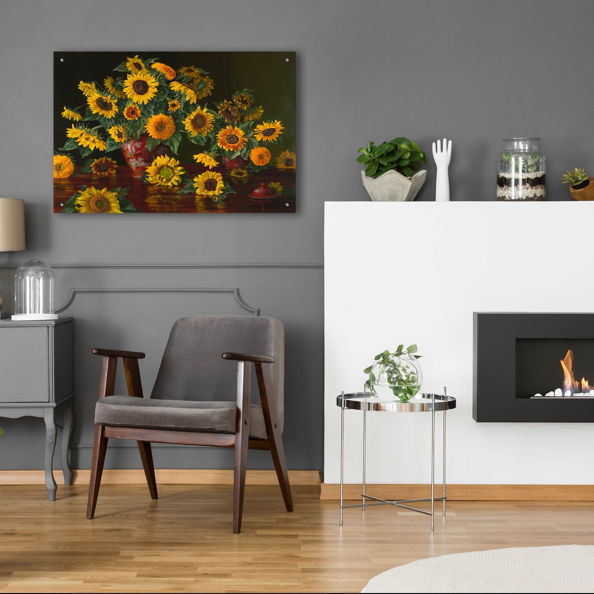 Epic Art 'Sunflowers With Two Crimson Vases' by Christopher Pierce, Acrylic Glass Wall Art,36x24