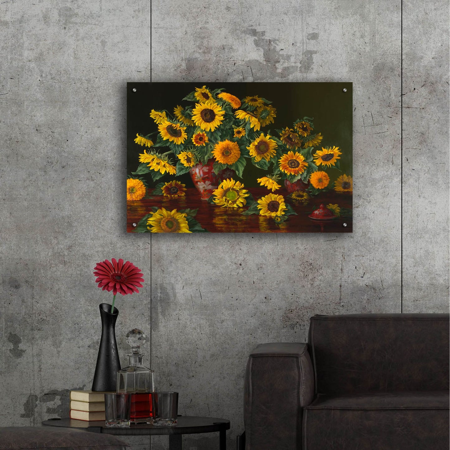 Epic Art 'Sunflowers With Two Crimson Vases' by Christopher Pierce, Acrylic Glass Wall Art,36x24