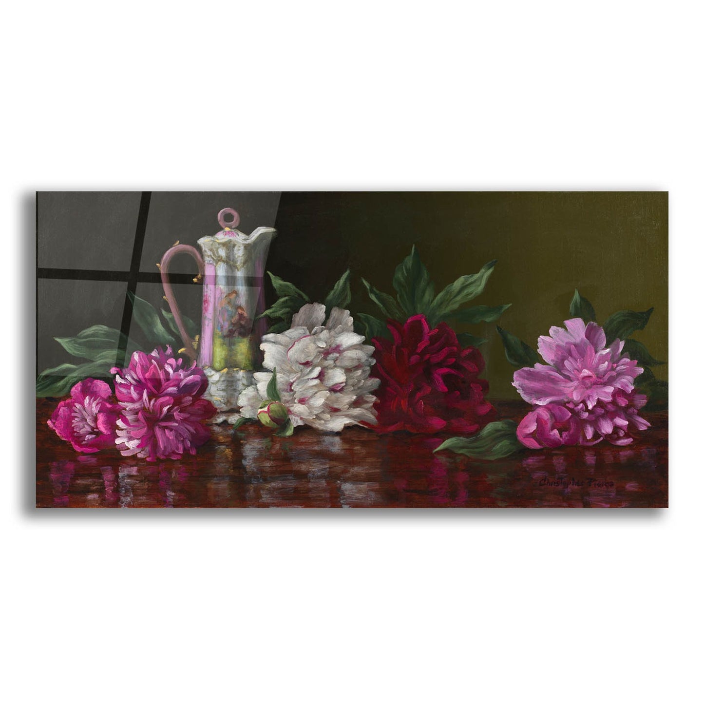 Epic Art 'Peonies And Tea' by Christopher Pierce, Acrylic Glass Wall Art,24x12