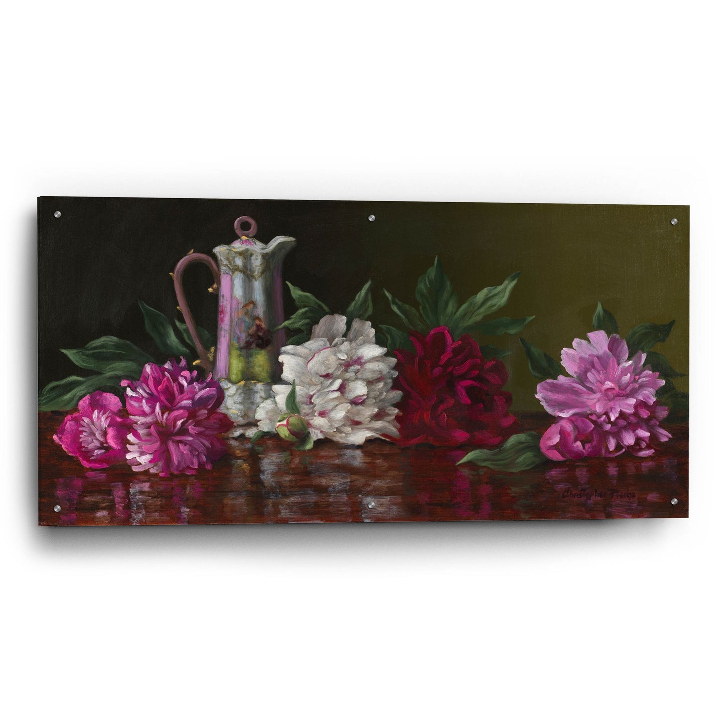 Epic Art 'Peonies And Tea' by Christopher Pierce, Acrylic Glass Wall Art,48x24