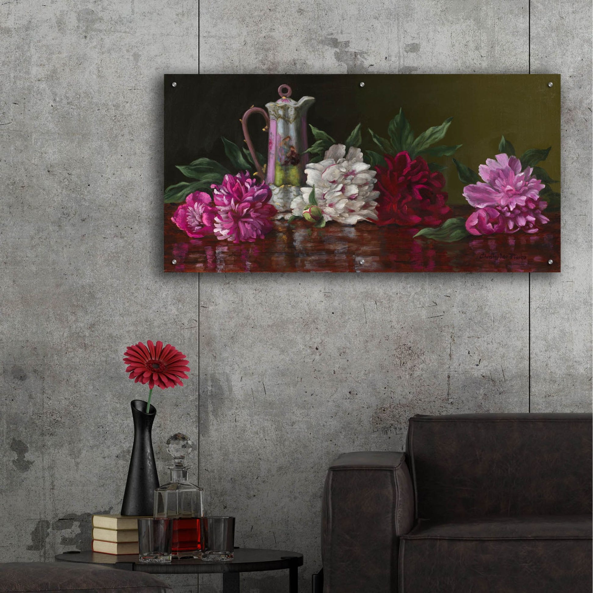 Epic Art 'Peonies And Tea' by Christopher Pierce, Acrylic Glass Wall Art,48x24