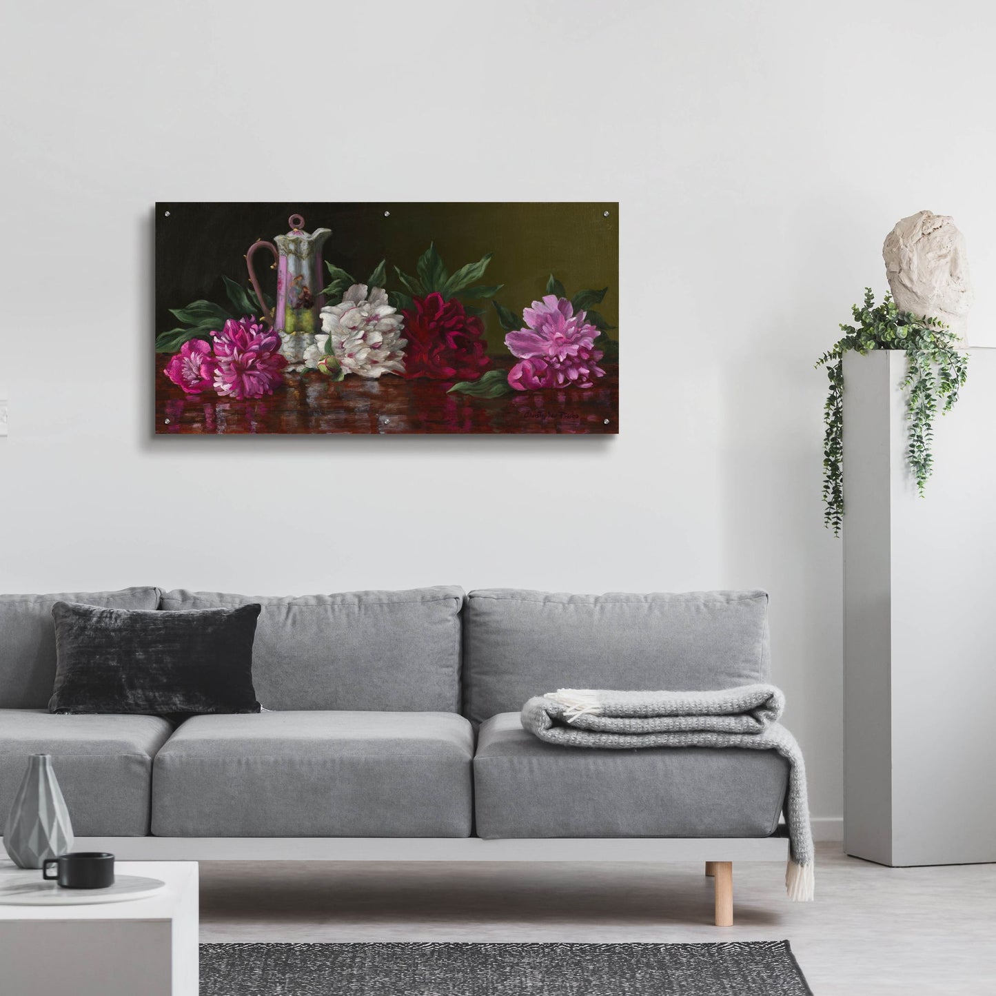 Epic Art 'Peonies And Tea' by Christopher Pierce, Acrylic Glass Wall Art,48x24