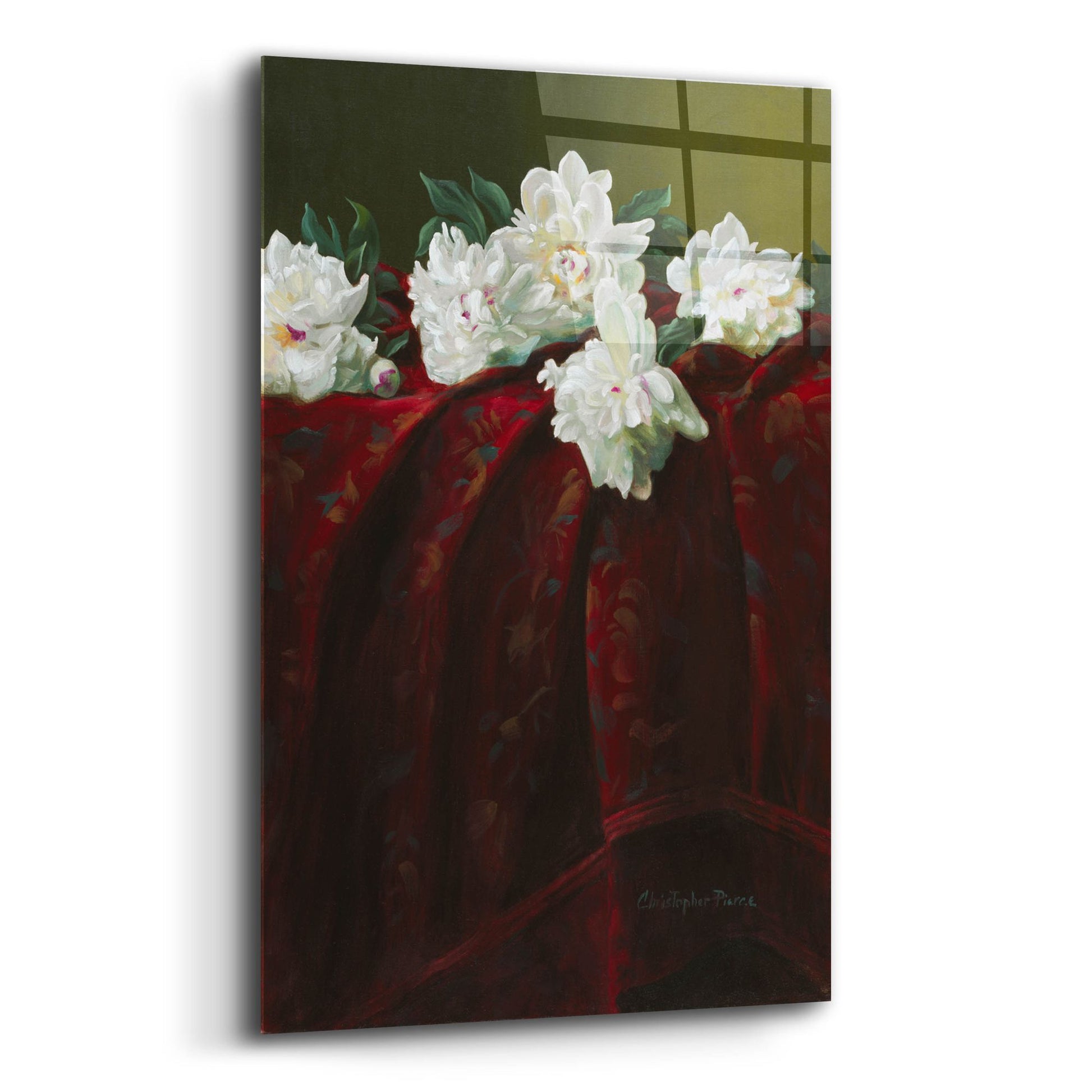 Epic Art 'Peonies On Crimson' by Christopher Pierce, Acrylic Glass Wall Art,12x16