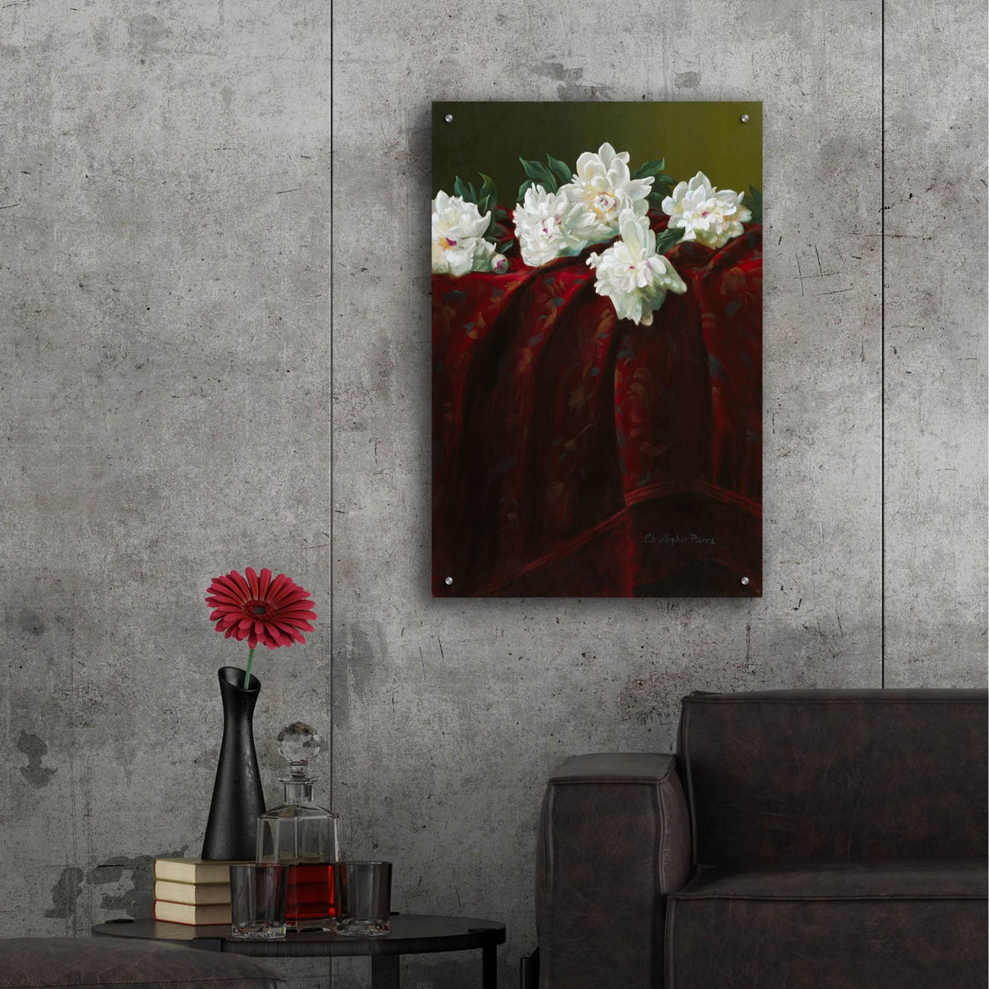 Epic Art 'Peonies On Crimson' by Christopher Pierce, Acrylic Glass Wall Art,24x36