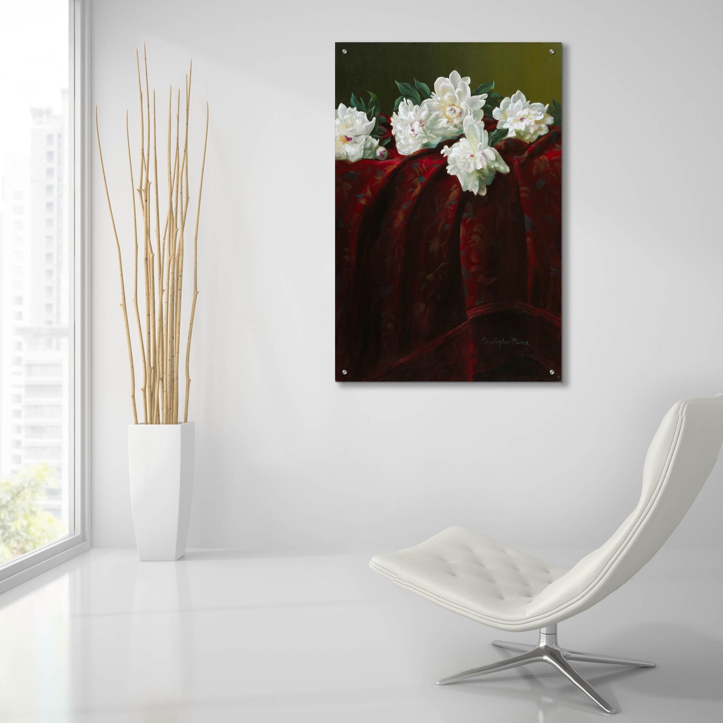 Epic Art 'Peonies On Crimson' by Christopher Pierce, Acrylic Glass Wall Art,24x36