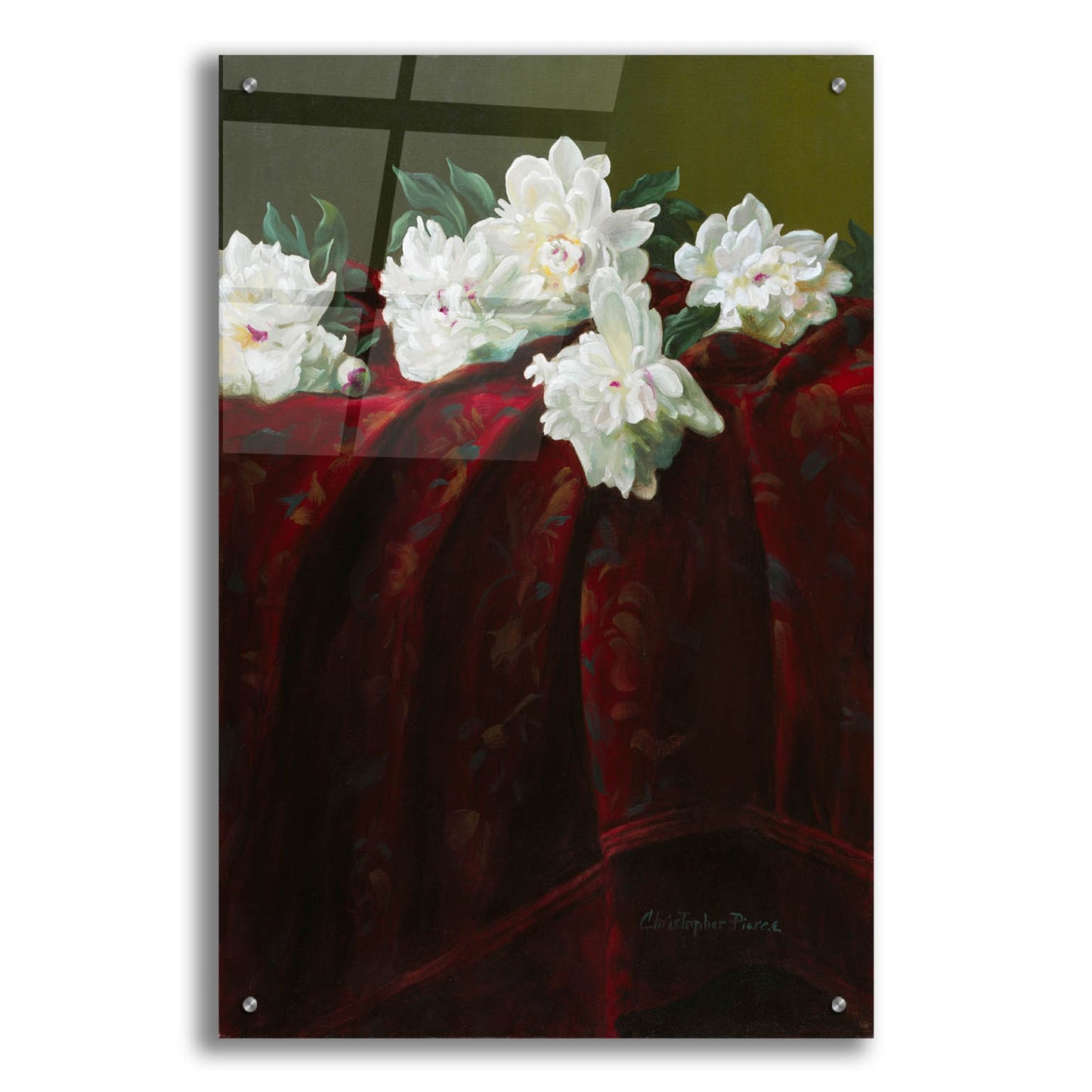 Epic Art 'Peonies On Crimson' by Christopher Pierce, Acrylic Glass Wall Art,24x36