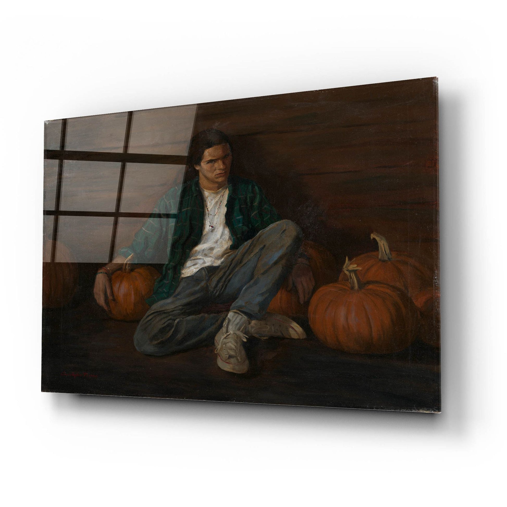 Epic Art 'Jamie With Pumpkins' by Christopher Pierce, Acrylic Glass Wall Art,24x16