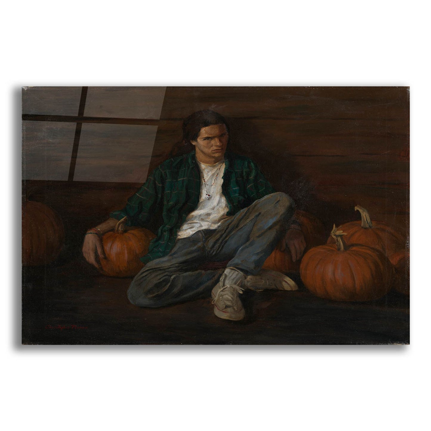 Epic Art 'Jamie With Pumpkins' by Christopher Pierce, Acrylic Glass Wall Art,24x16