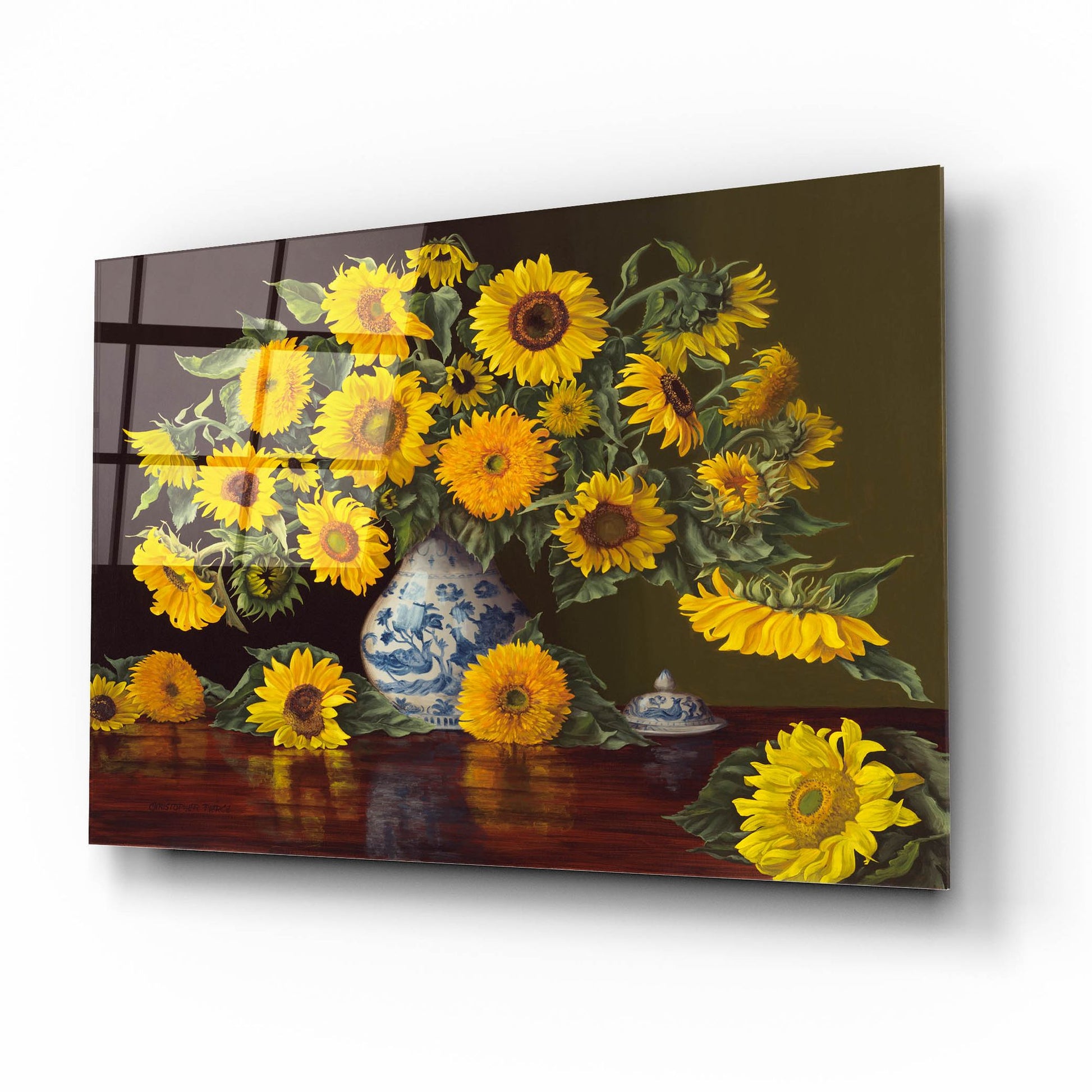 Epic Art 'Sunflowers In Blue And White Vase' by Christopher Pierce, Acrylic Glass Wall Art,16x12