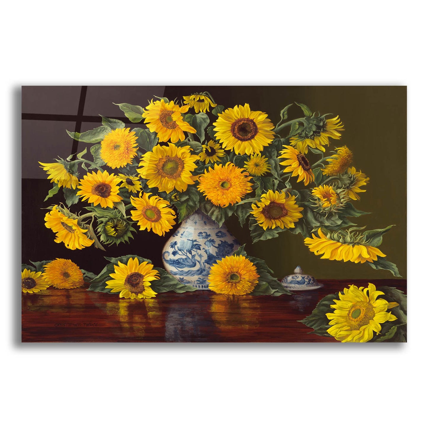 Epic Art 'Sunflowers In Blue And White Vase' by Christopher Pierce, Acrylic Glass Wall Art,24x16