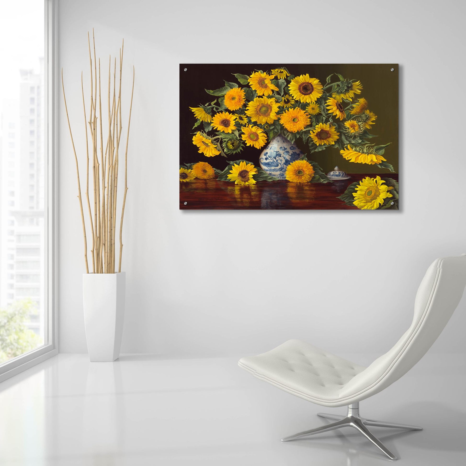 Epic Art 'Sunflowers In Blue And White Vase' by Christopher Pierce, Acrylic Glass Wall Art,36x24