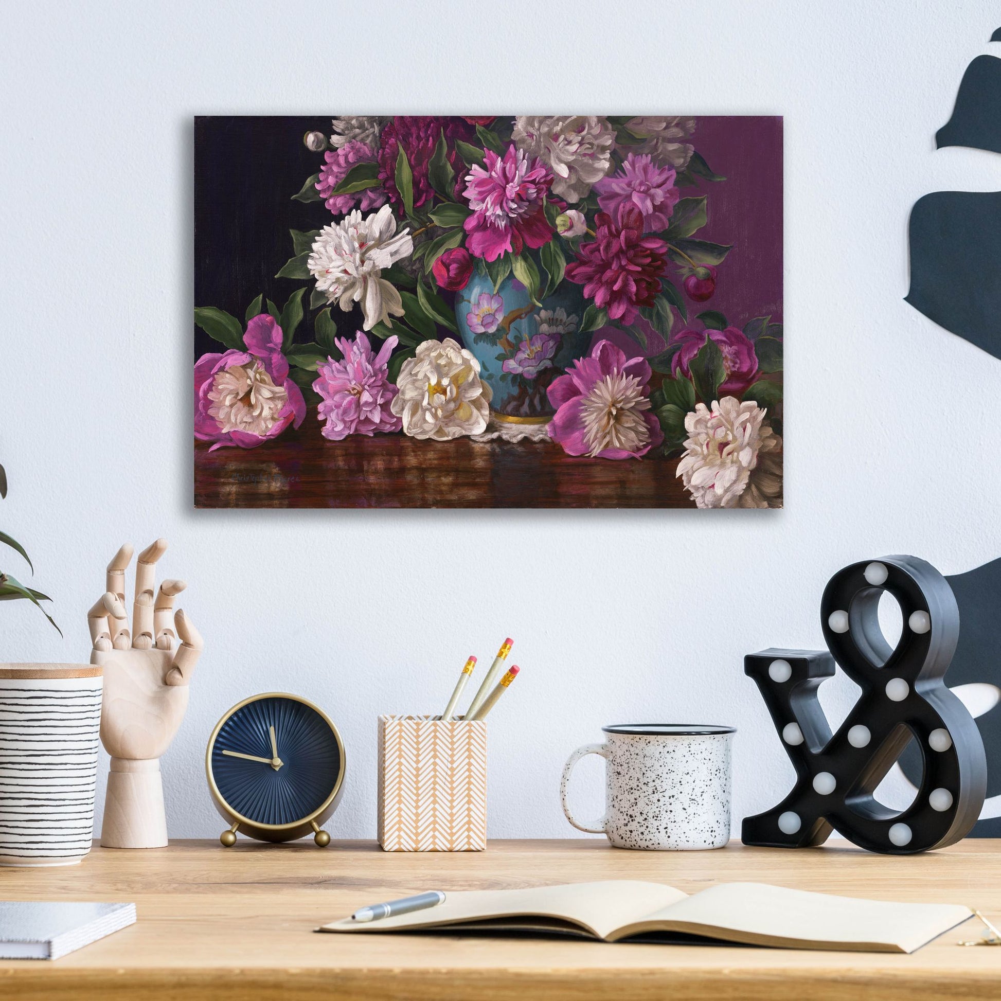 Epic Art 'Peonies In A Blue Vase' by Christopher Pierce, Acrylic Glass Wall Art,16x12