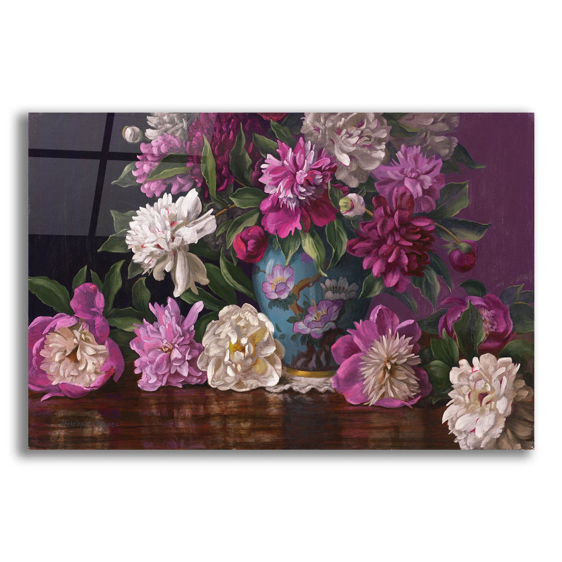 Epic Art 'Peonies In A Blue Vase' by Christopher Pierce, Acrylic Glass Wall Art,16x12