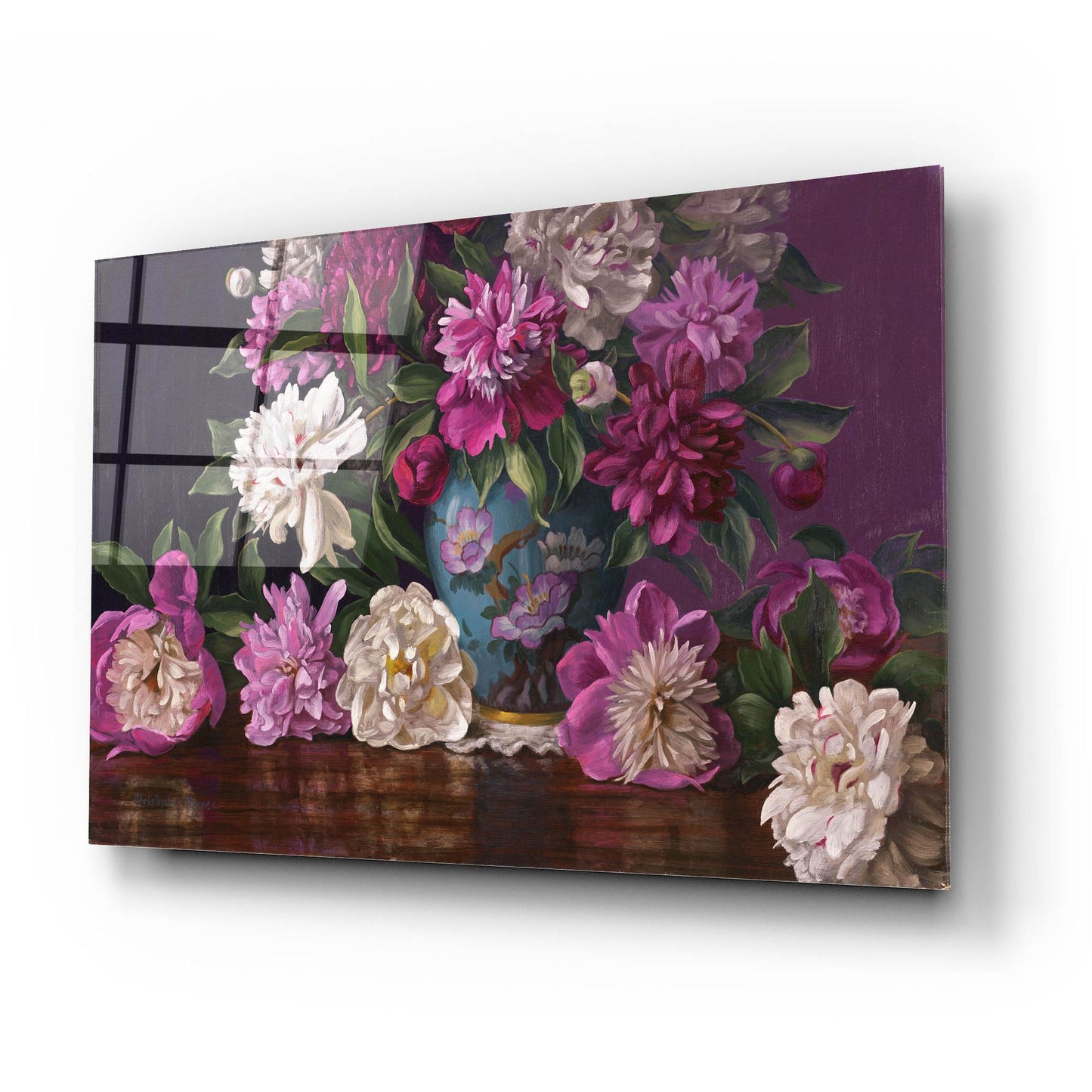 Epic Art 'Peonies In A Blue Vase' by Christopher Pierce, Acrylic Glass Wall Art,24x16