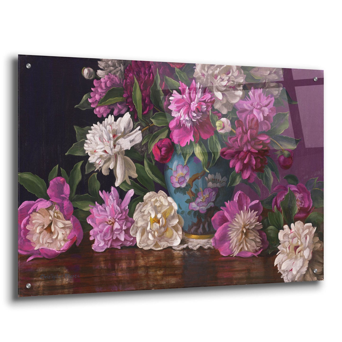 Epic Art 'Peonies In A Blue Vase' by Christopher Pierce, Acrylic Glass Wall Art,36x24