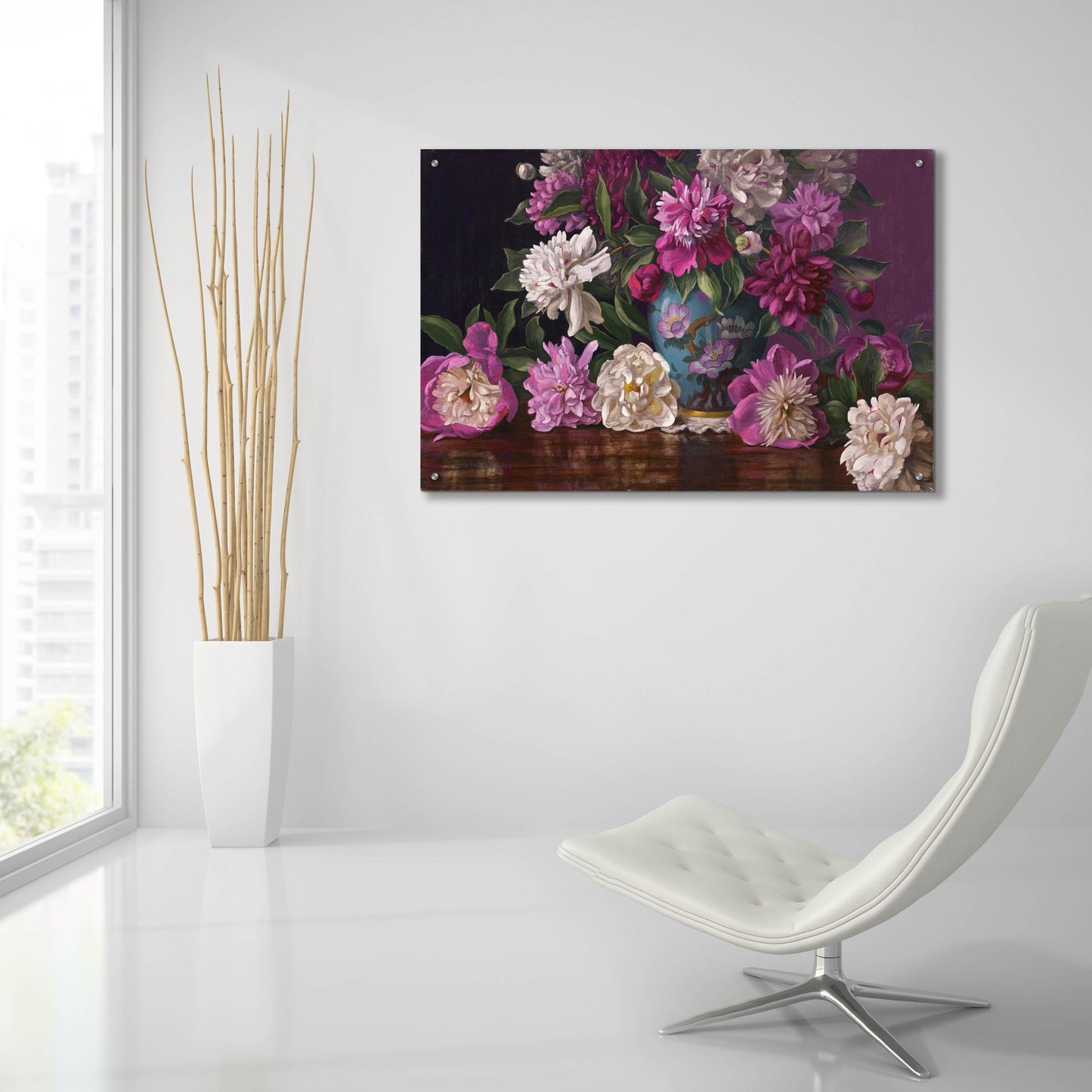 Epic Art 'Peonies In A Blue Vase' by Christopher Pierce, Acrylic Glass Wall Art,36x24