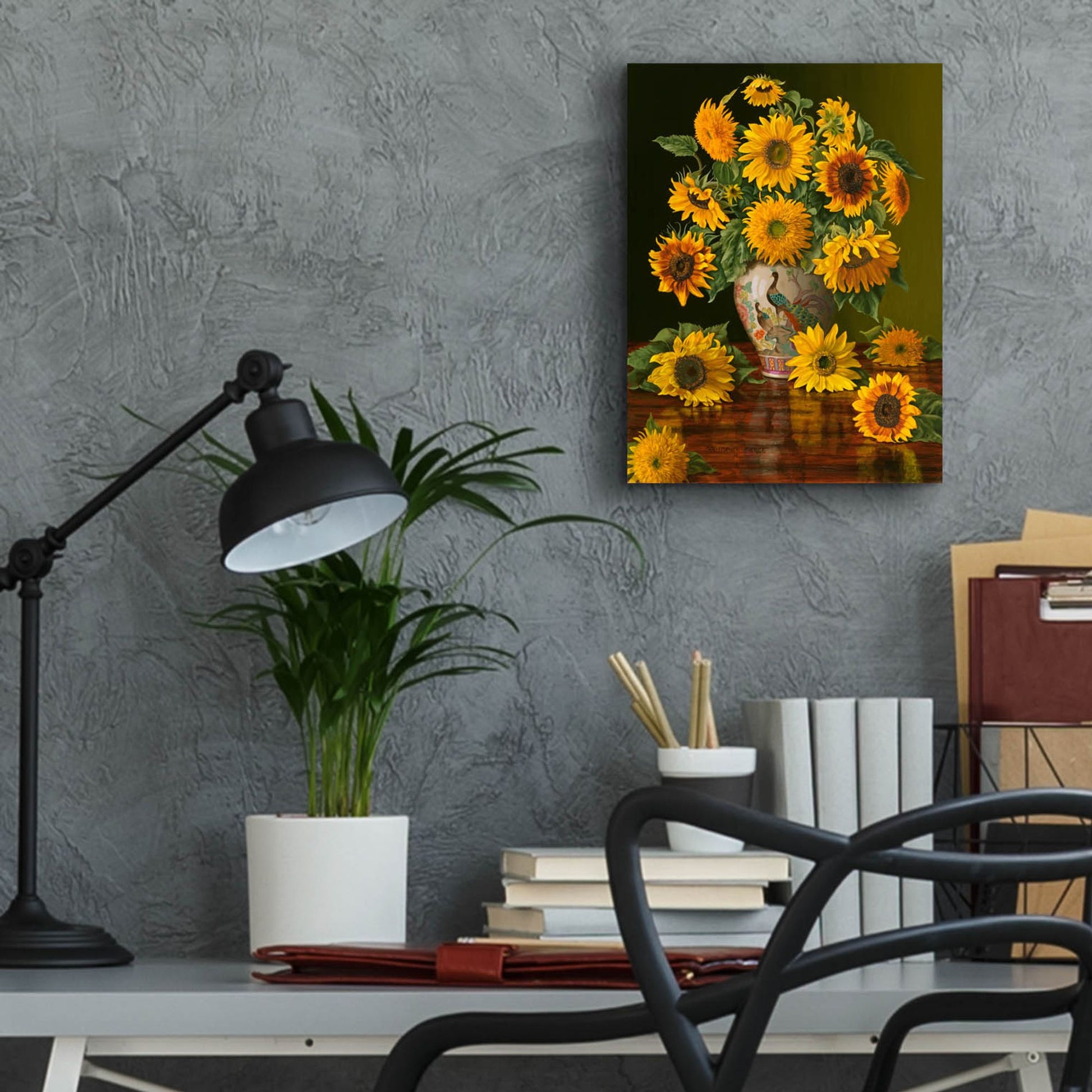 Epic Art 'Sunflowers In A Peacock Vase' by Christopher Pierce, Acrylic Glass Wall Art,12x16