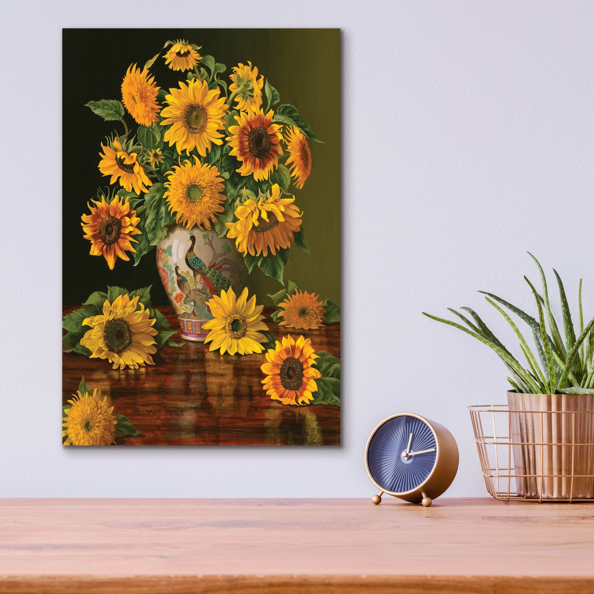 Epic Art 'Sunflowers In A Peacock Vase' by Christopher Pierce, Acrylic Glass Wall Art,12x16