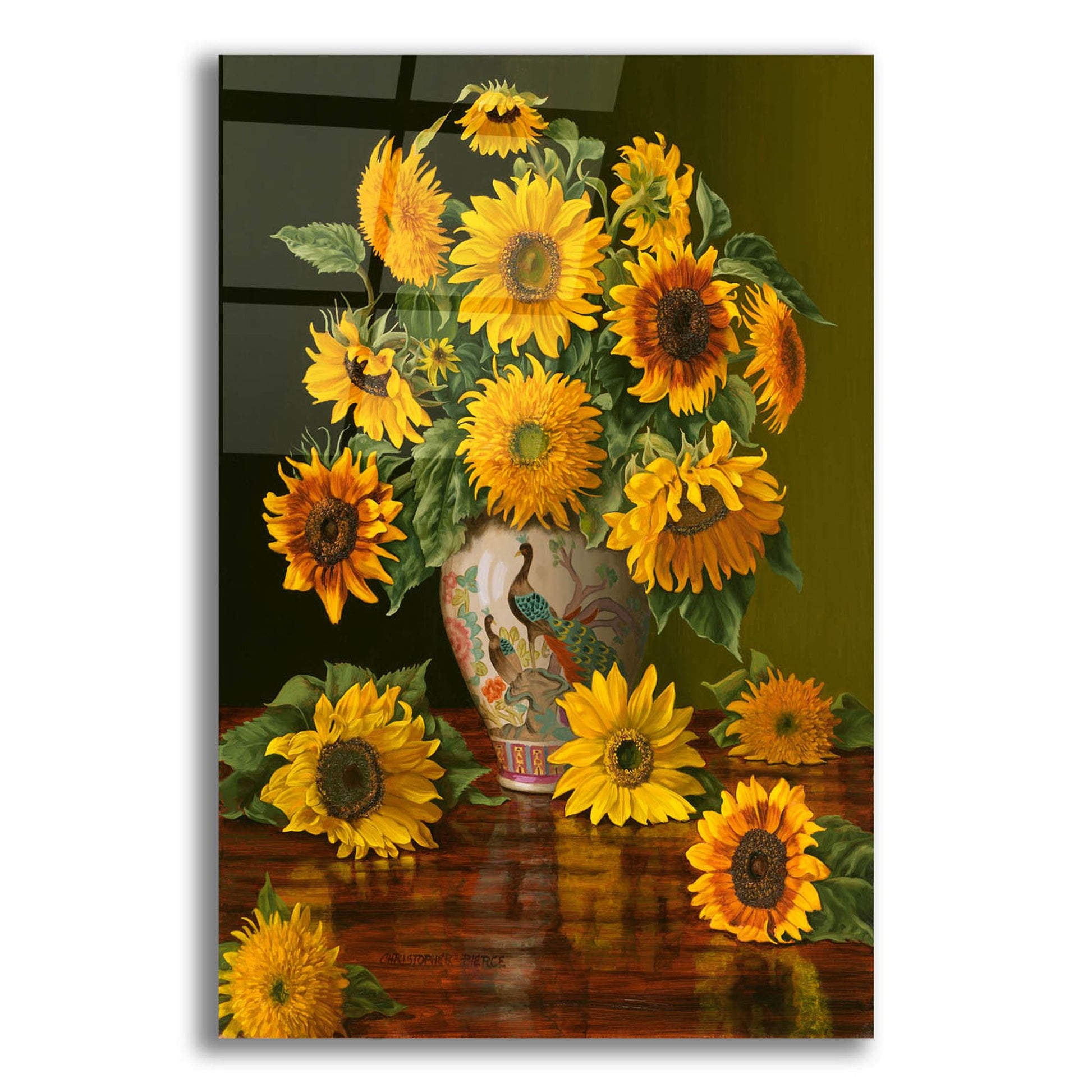 Epic Art 'Sunflowers In A Peacock Vase' by Christopher Pierce, Acrylic Glass Wall Art,12x16