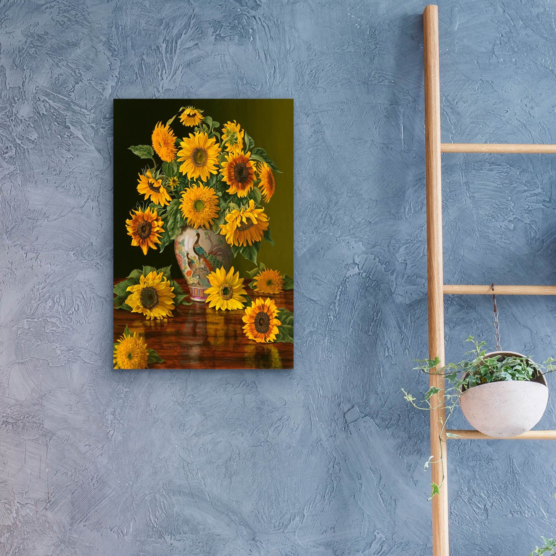 Epic Art 'Sunflowers In A Peacock Vase' by Christopher Pierce, Acrylic Glass Wall Art,16x24