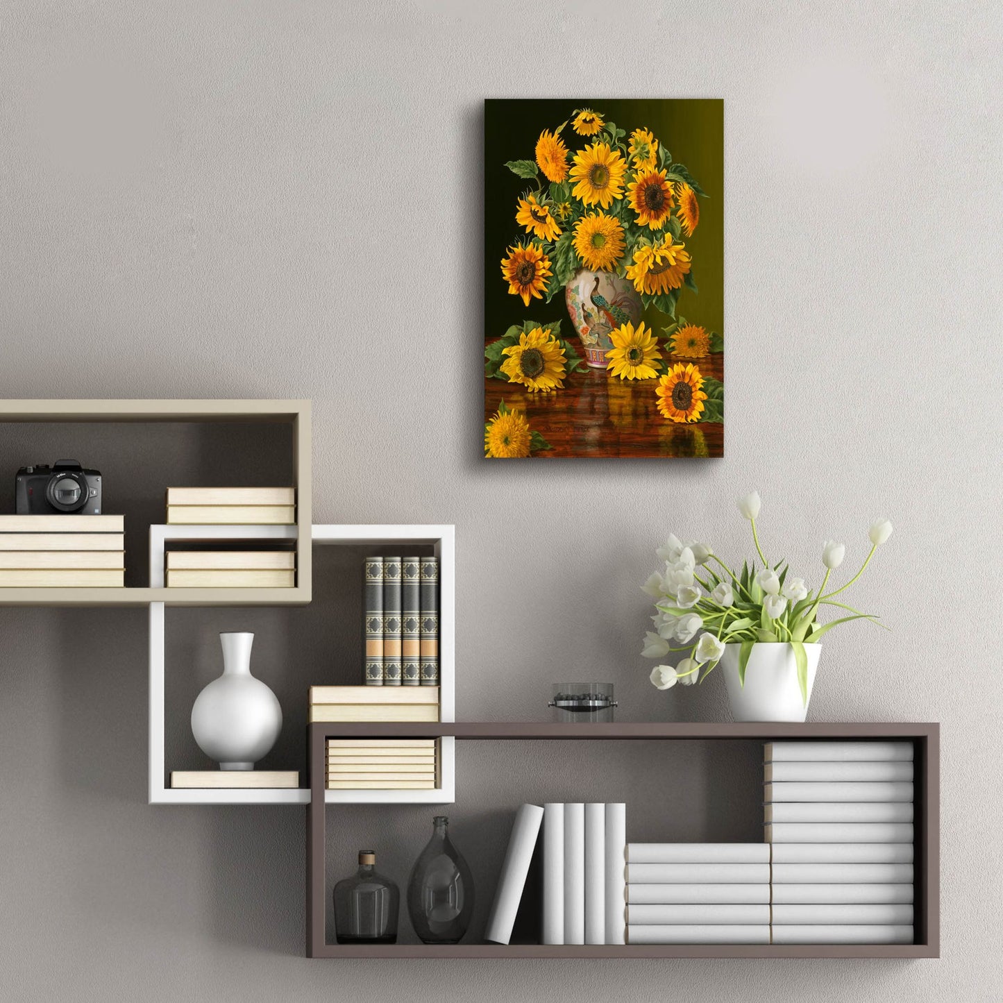 Epic Art 'Sunflowers In A Peacock Vase' by Christopher Pierce, Acrylic Glass Wall Art,16x24