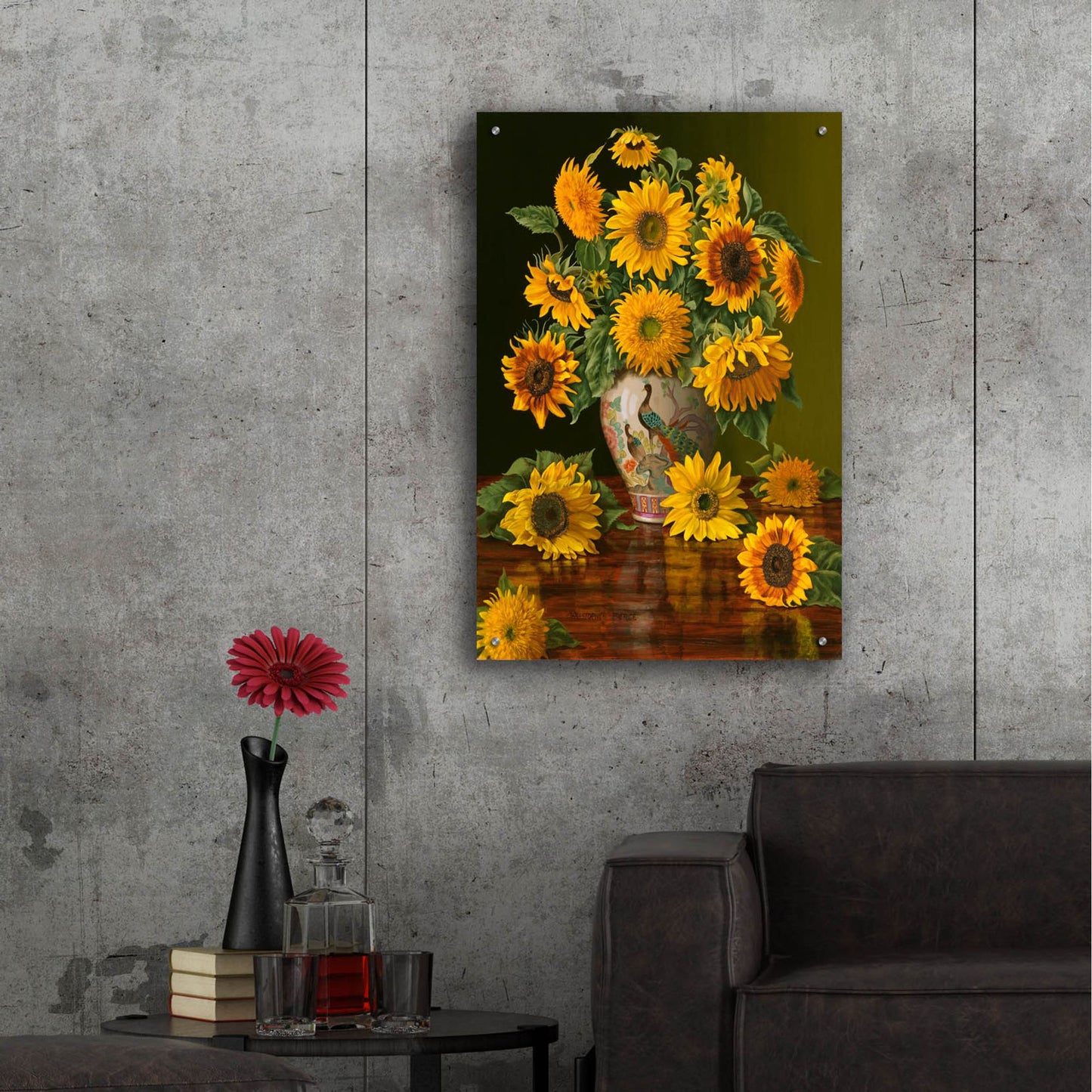 Epic Art 'Sunflowers In A Peacock Vase' by Christopher Pierce, Acrylic Glass Wall Art,24x36