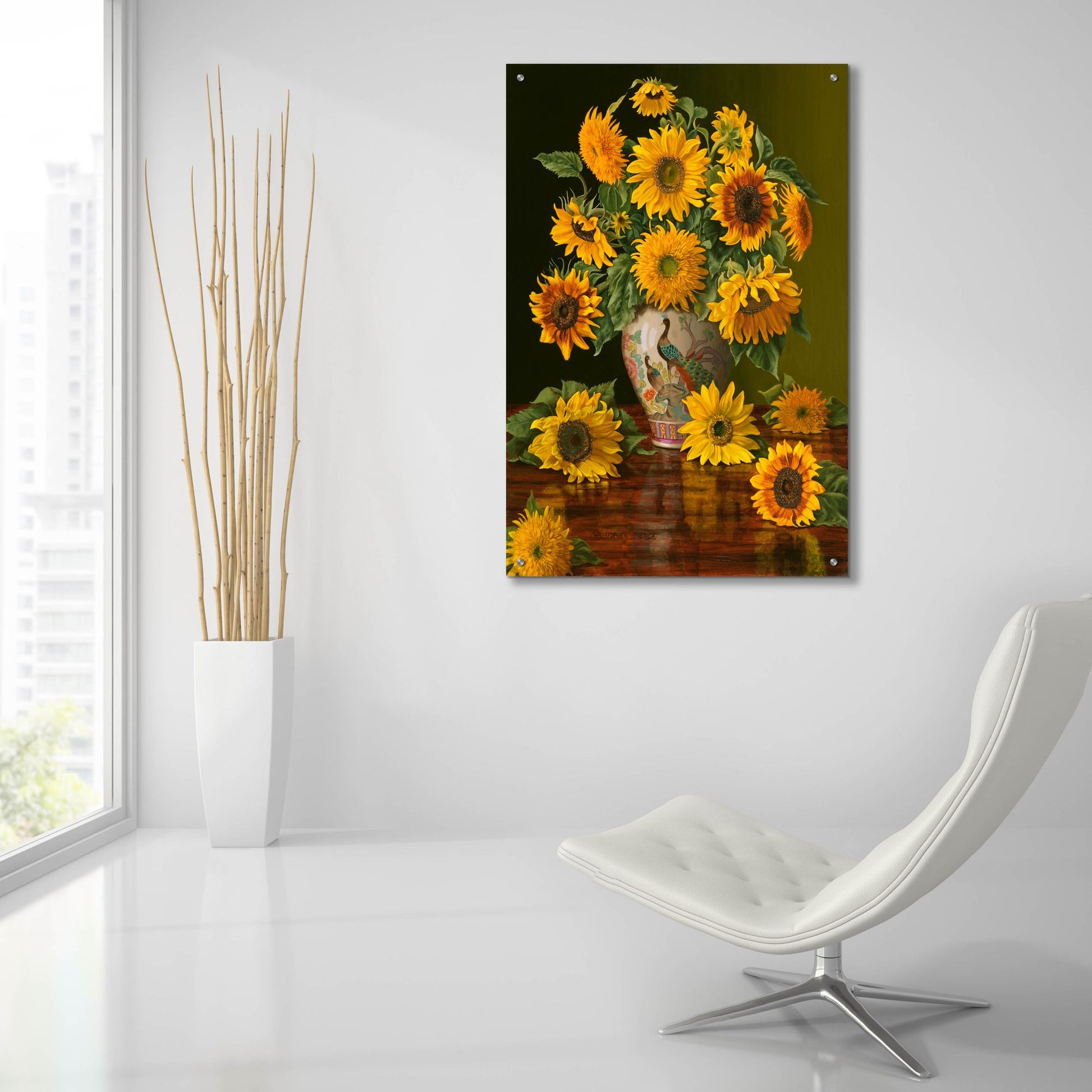 Epic Art 'Sunflowers In A Peacock Vase' by Christopher Pierce, Acrylic Glass Wall Art,24x36