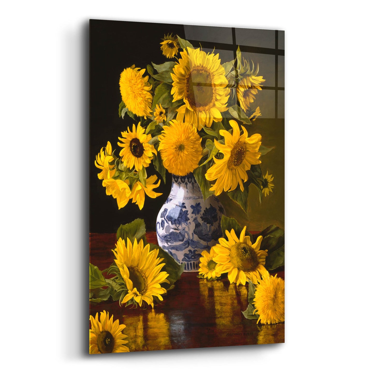 Epic Art 'Sunflowers In Blue & White Chinese Vase' by Christopher Pierce, Acrylic Glass Wall Art,12x16