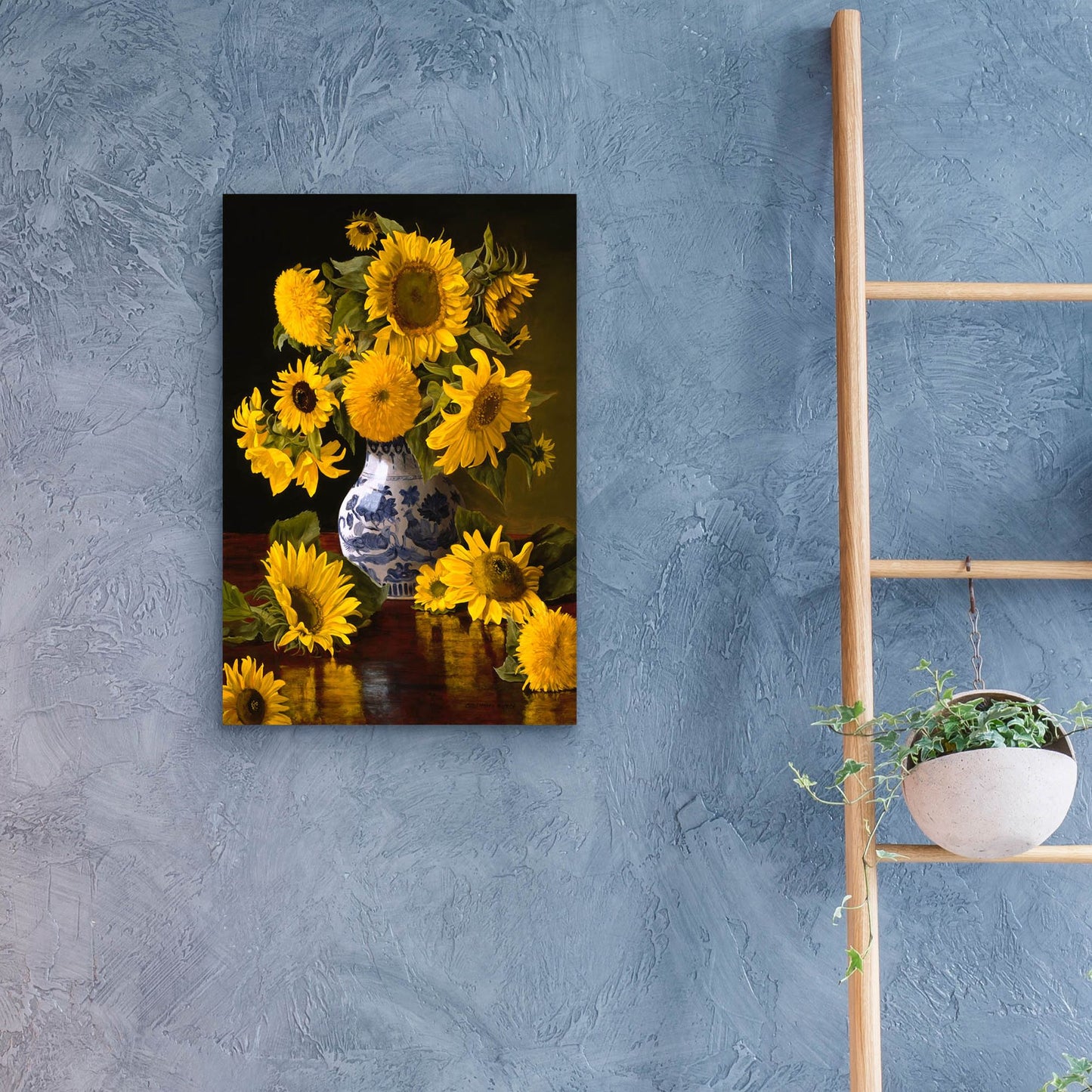 Epic Art 'Sunflowers In Blue & White Chinese Vase' by Christopher Pierce, Acrylic Glass Wall Art,16x24