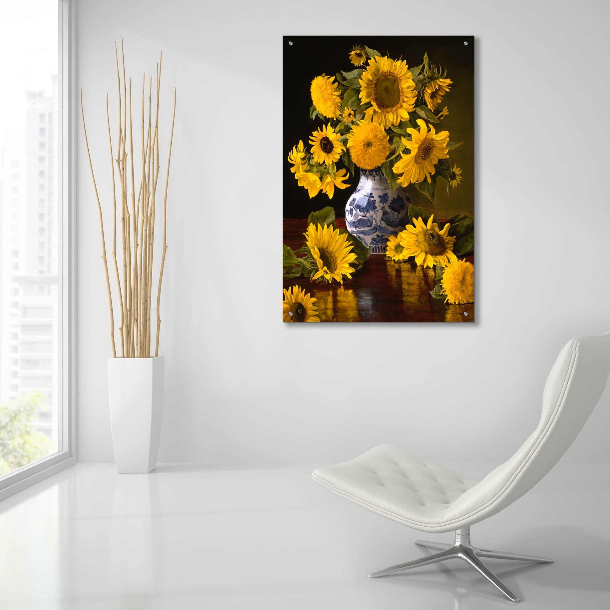 Epic Art 'Sunflowers In Blue & White Chinese Vase' by Christopher Pierce, Acrylic Glass Wall Art,24x36