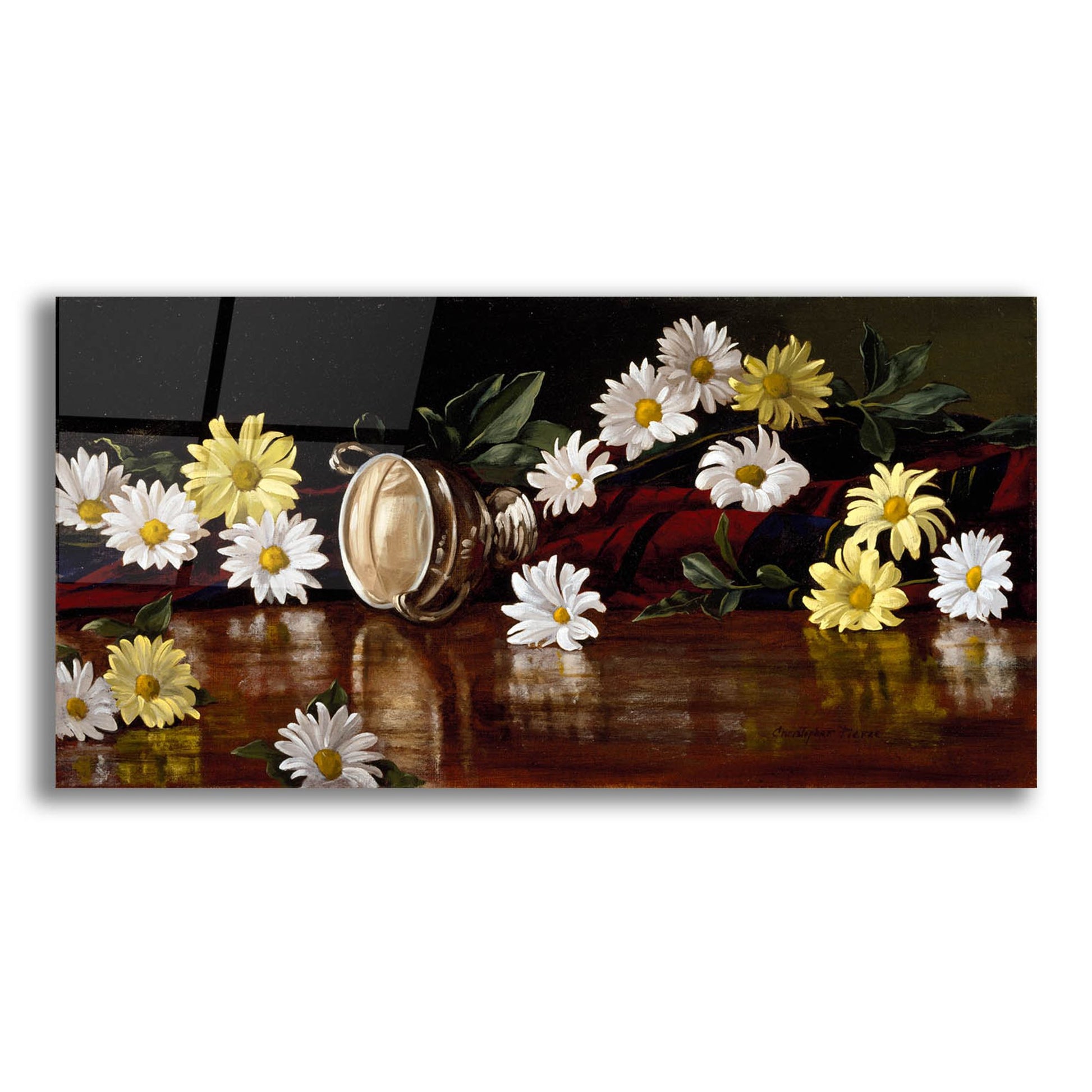 Epic Art 'Silver Bowl And Daisies' by Christopher Pierce, Acrylic Glass Wall Art,24x12