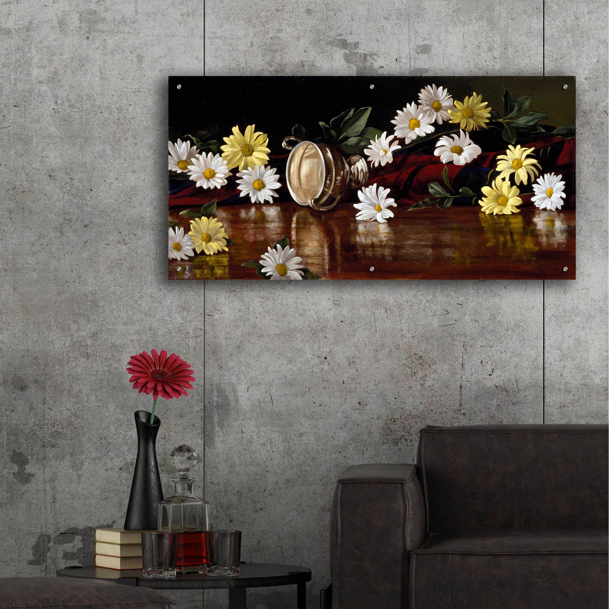 Epic Art 'Silver Bowl And Daisies' by Christopher Pierce, Acrylic Glass Wall Art,48x24