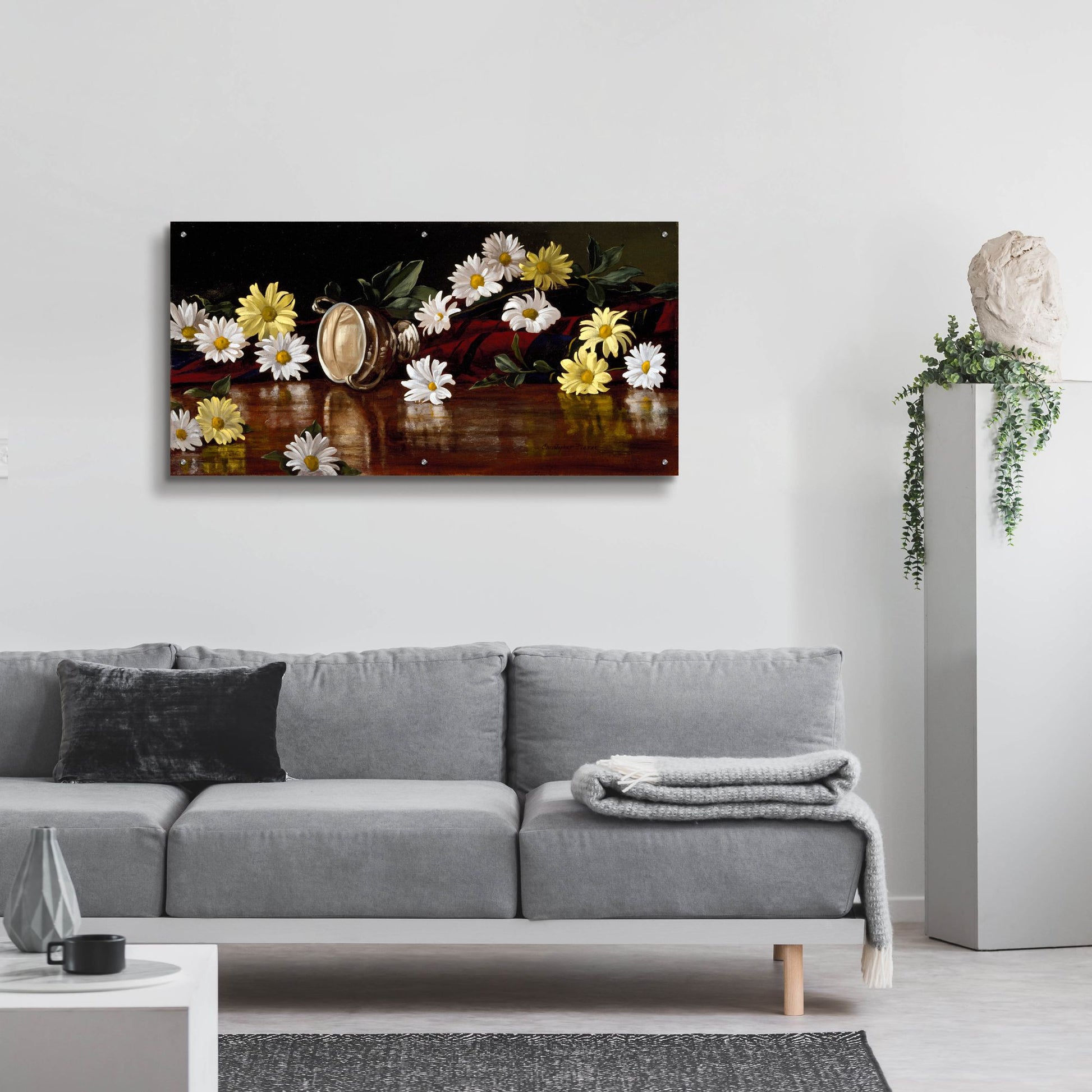 Epic Art 'Silver Bowl And Daisies' by Christopher Pierce, Acrylic Glass Wall Art,48x24