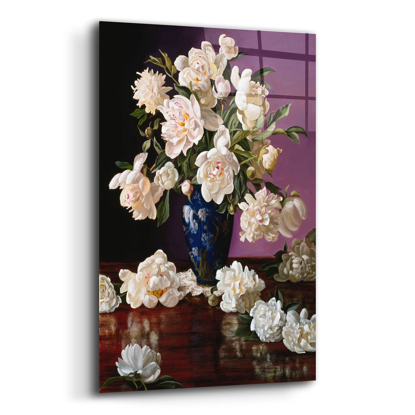 Epic Art 'White Peonies In Blue Chinese Vase' by Christopher Pierce, Acrylic Glass Wall Art,12x16