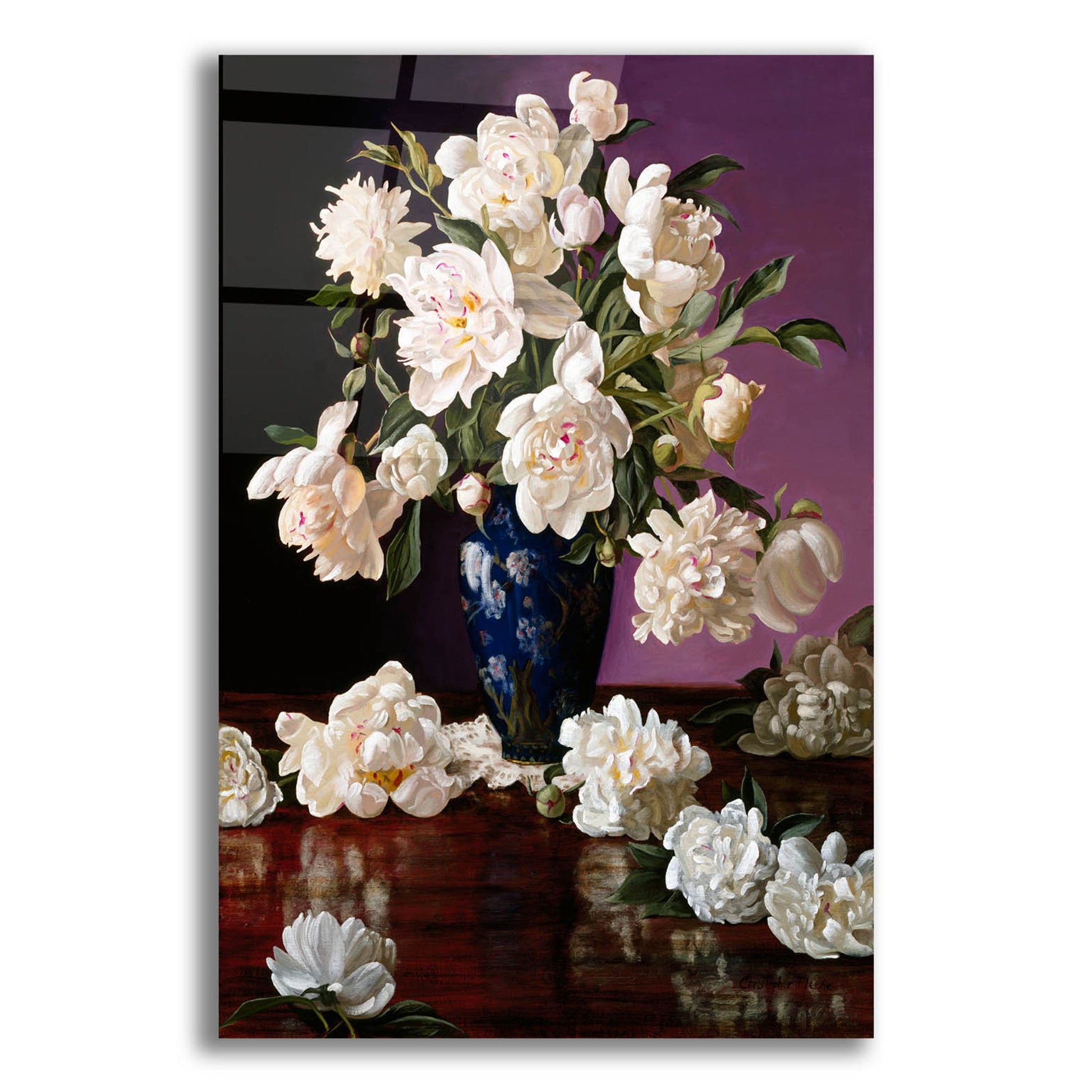 Epic Art 'White Peonies In Blue Chinese Vase' by Christopher Pierce, Acrylic Glass Wall Art,12x16