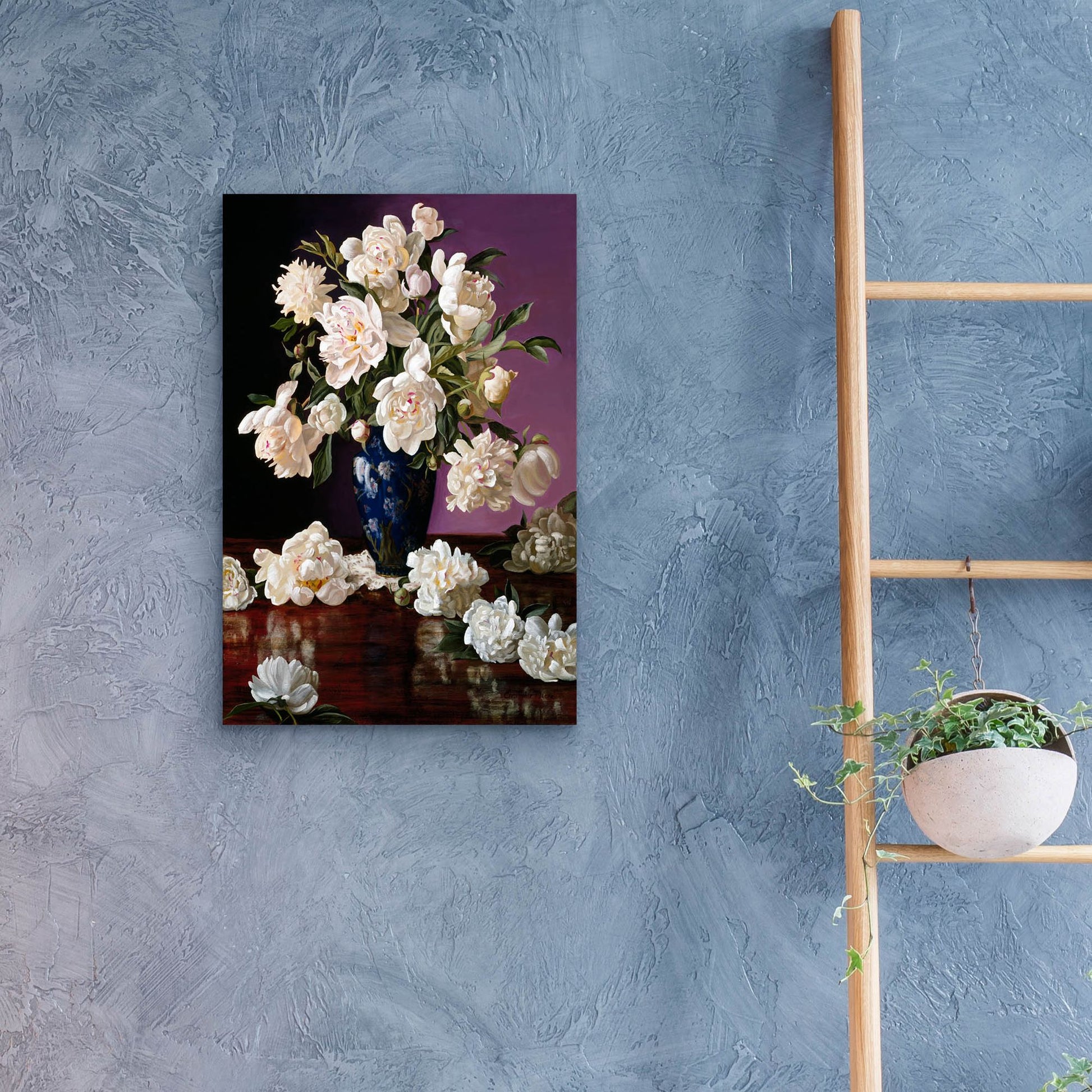 Epic Art 'White Peonies In Blue Chinese Vase' by Christopher Pierce, Acrylic Glass Wall Art,16x24