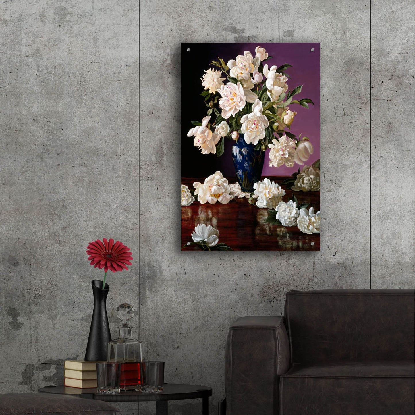 Epic Art 'White Peonies In Blue Chinese Vase' by Christopher Pierce, Acrylic Glass Wall Art,24x36