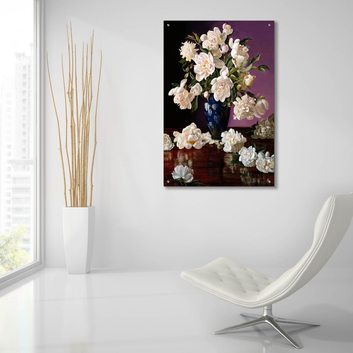 Epic Art 'White Peonies In Blue Chinese Vase' by Christopher Pierce, Acrylic Glass Wall Art,24x36