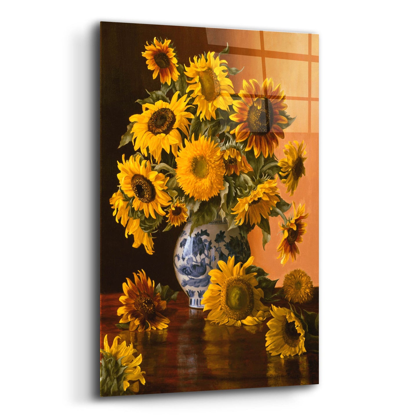 Epic Art 'Sunflowers In A Blue Willow Vase' by Christopher Pierce, Acrylic Glass Wall Art,12x16