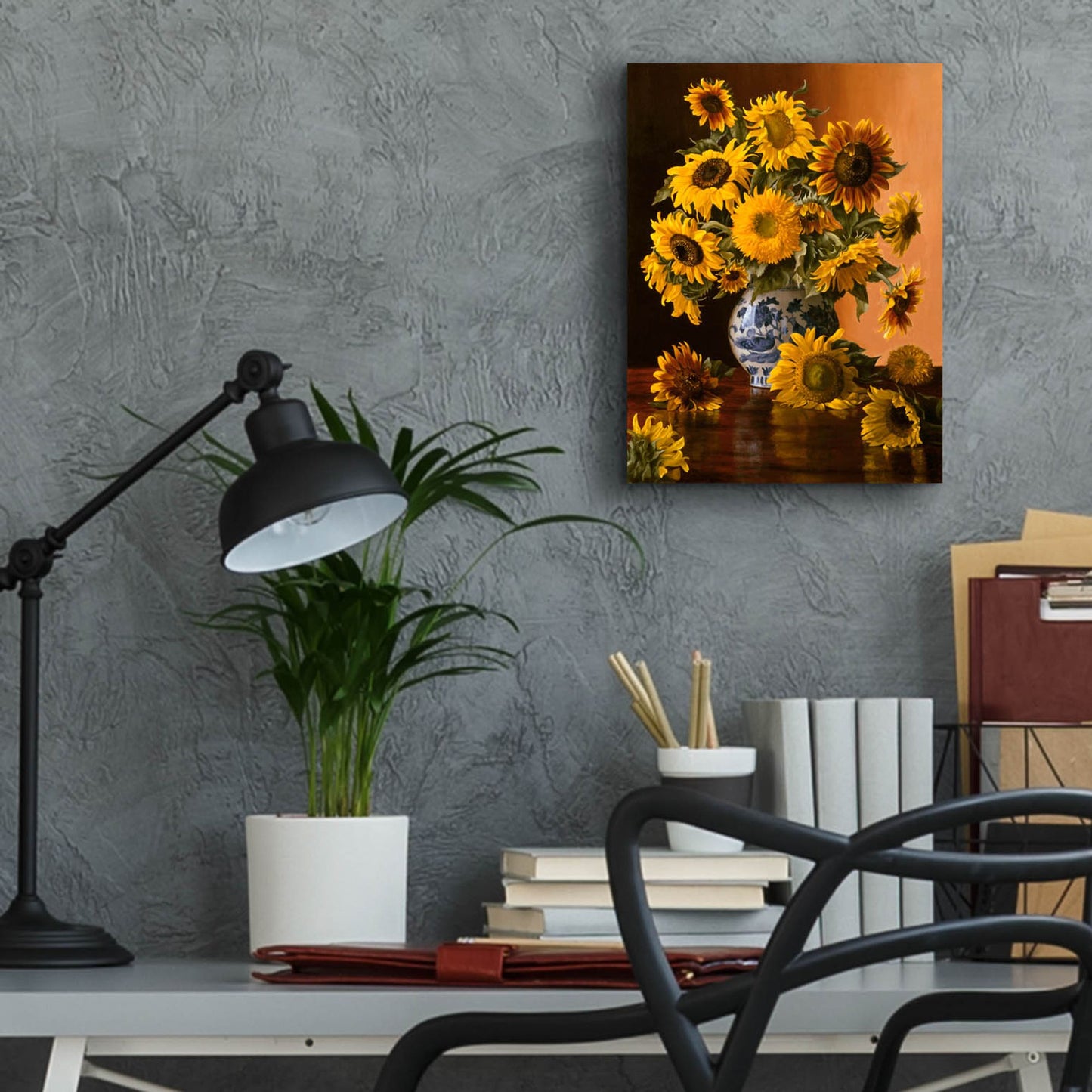 Epic Art 'Sunflowers In A Blue Willow Vase' by Christopher Pierce, Acrylic Glass Wall Art,12x16