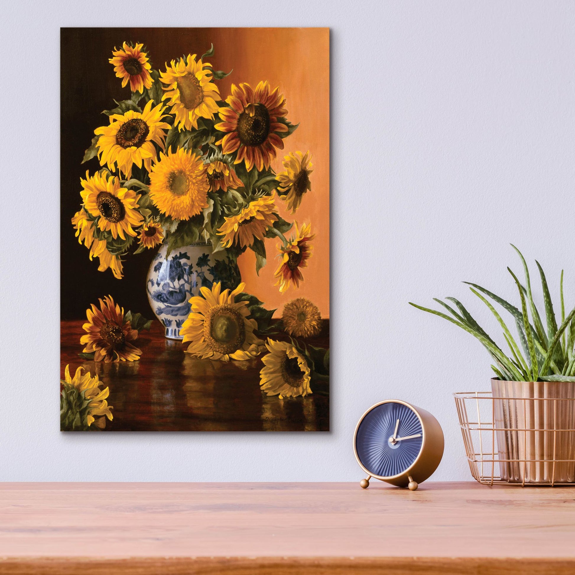 Epic Art 'Sunflowers In A Blue Willow Vase' by Christopher Pierce, Acrylic Glass Wall Art,12x16