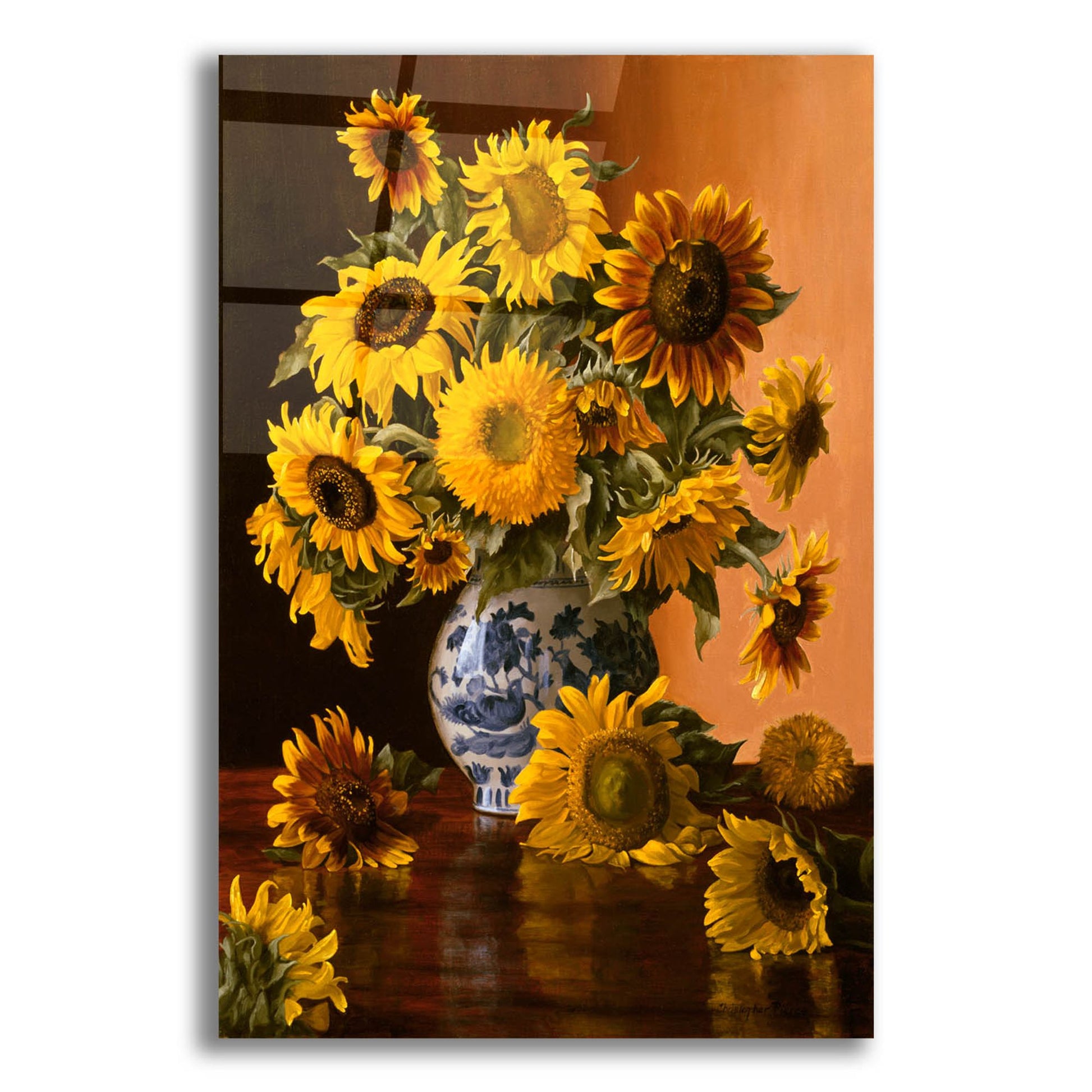 Epic Art 'Sunflowers In A Blue Willow Vase' by Christopher Pierce, Acrylic Glass Wall Art,12x16