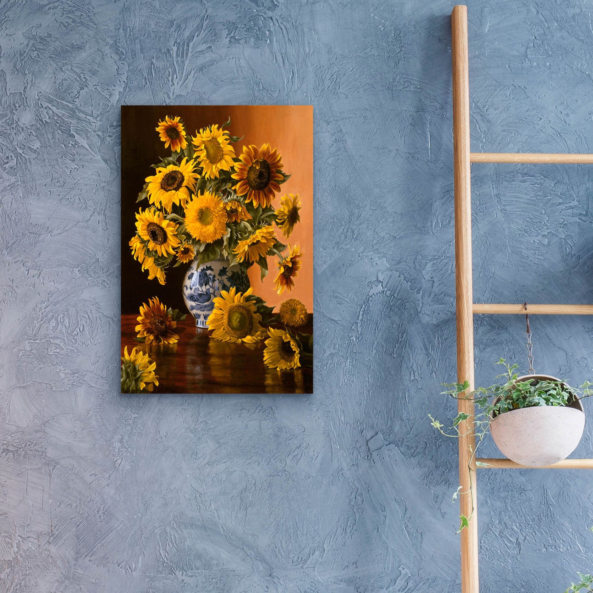 Epic Art 'Sunflowers In A Blue Willow Vase' by Christopher Pierce, Acrylic Glass Wall Art,16x24