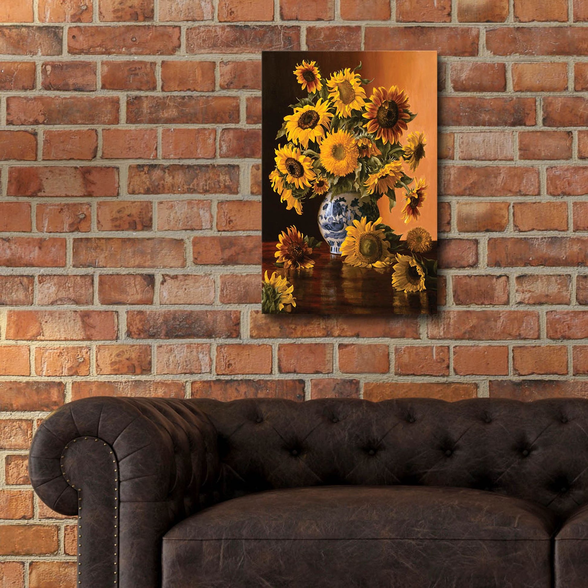 Epic Art 'Sunflowers In A Blue Willow Vase' by Christopher Pierce, Acrylic Glass Wall Art,16x24