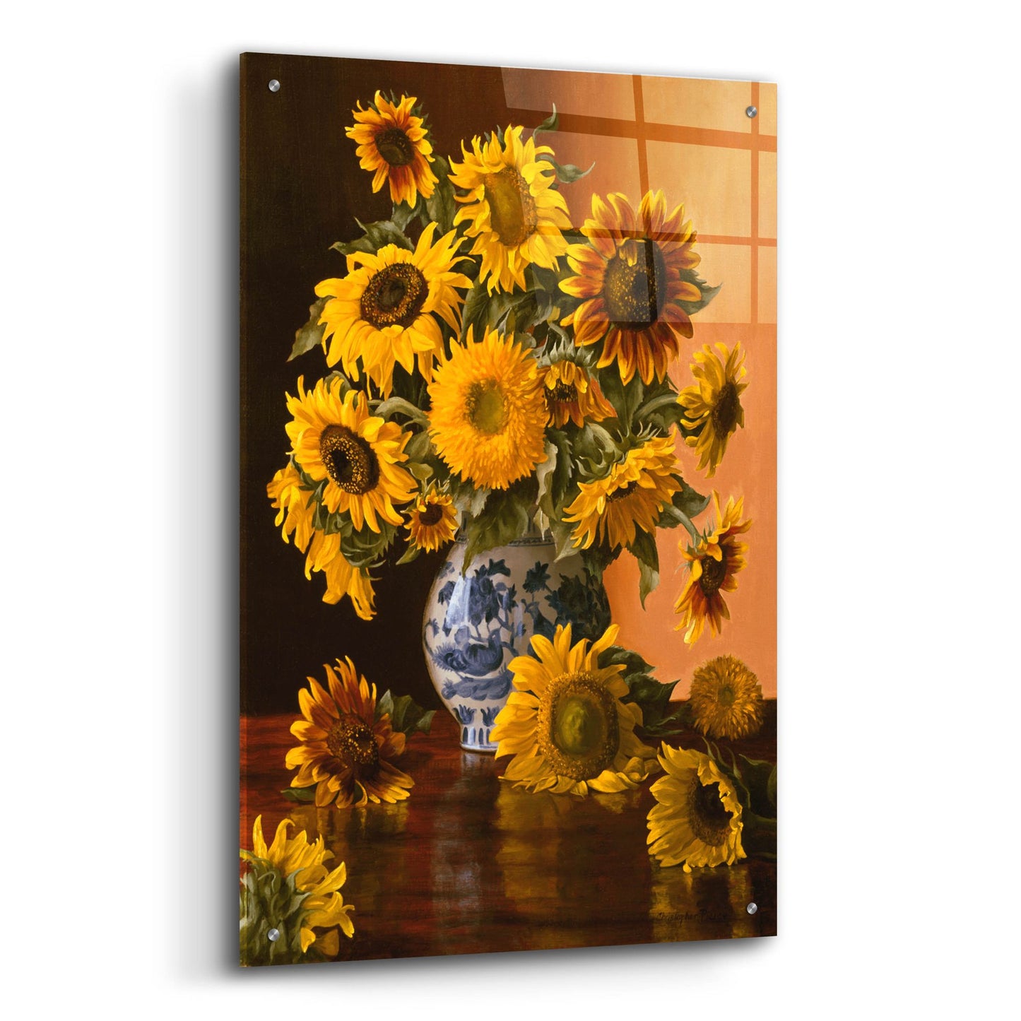 Epic Art 'Sunflowers In A Blue Willow Vase' by Christopher Pierce, Acrylic Glass Wall Art,24x36