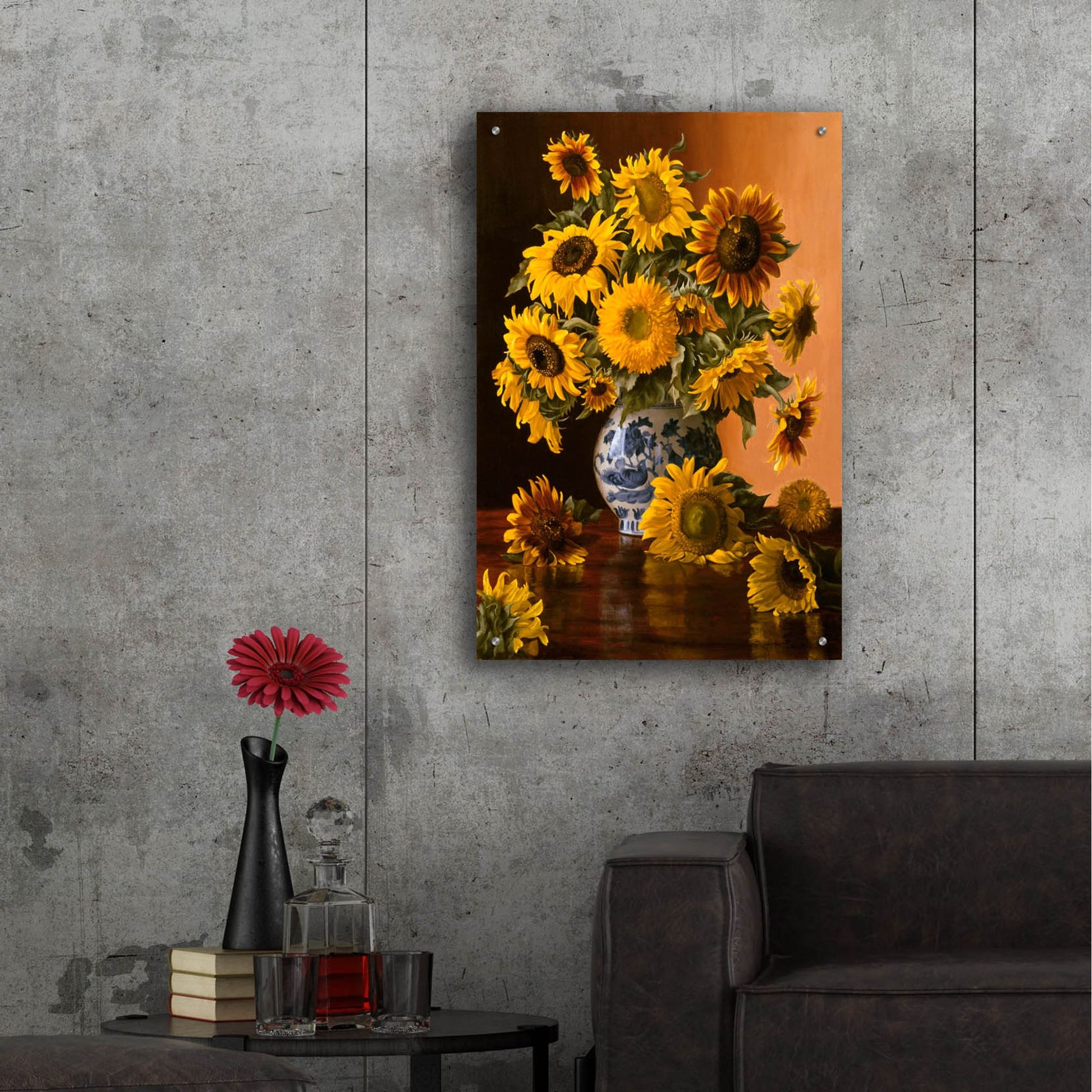 Epic Art 'Sunflowers In A Blue Willow Vase' by Christopher Pierce, Acrylic Glass Wall Art,24x36